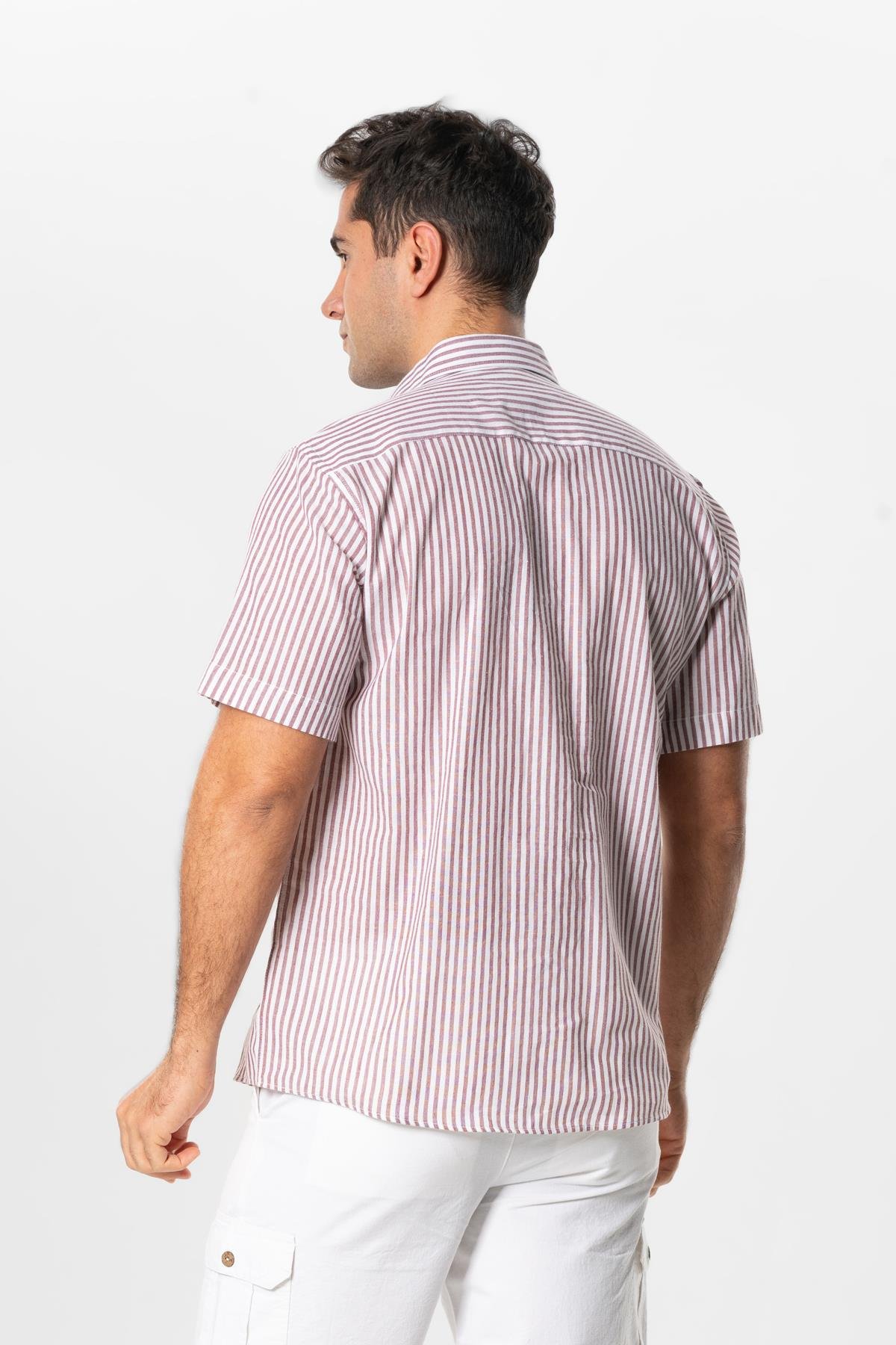 Kısa Kol Şile Bezi Tek Cepli Erkek Yazlık Gömlek Bordo Krem Çizgili 3080