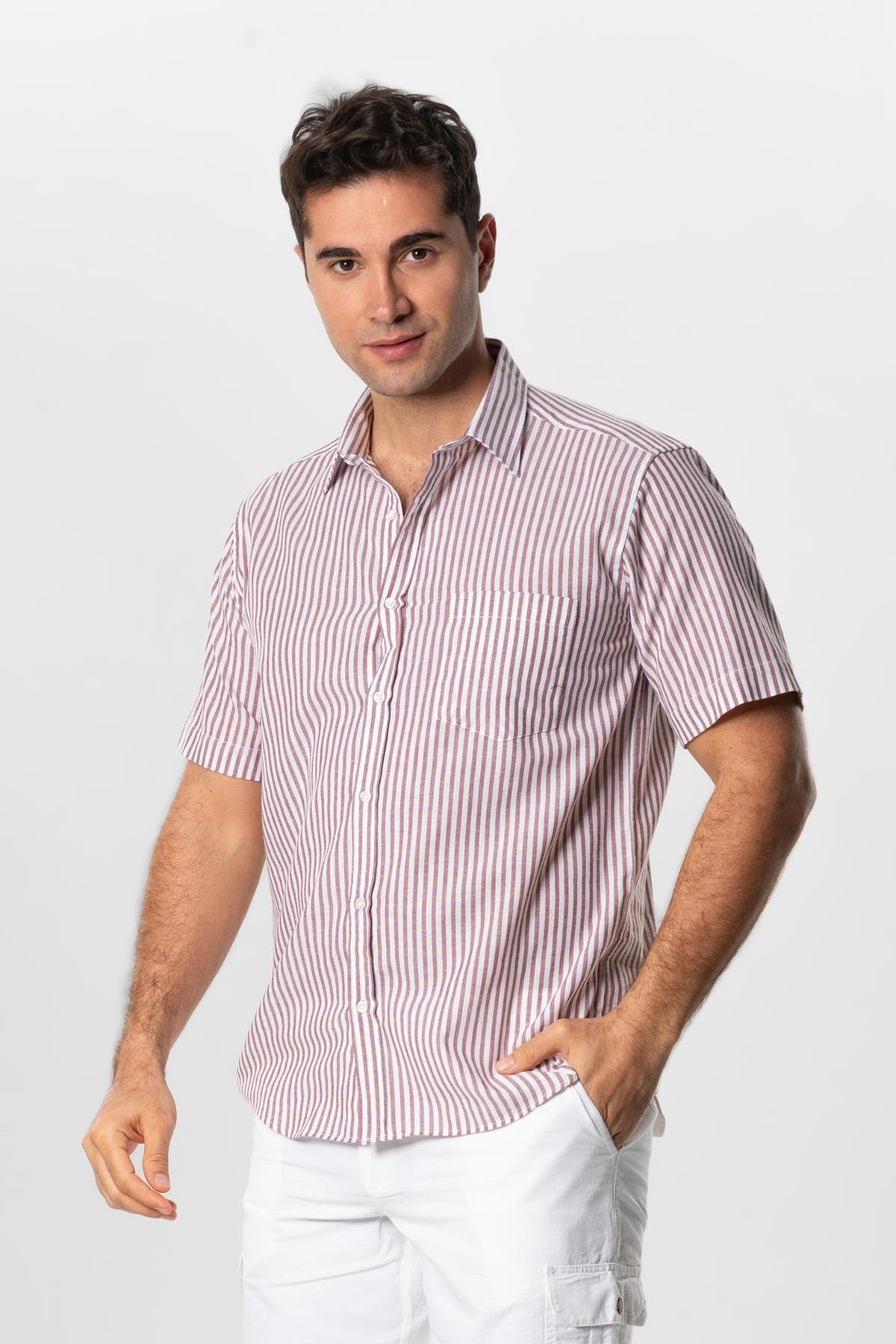 Kısa Kol Şile Bezi Tek Cepli Erkek Yazlık Gömlek Bordo Krem Çizgili 3080