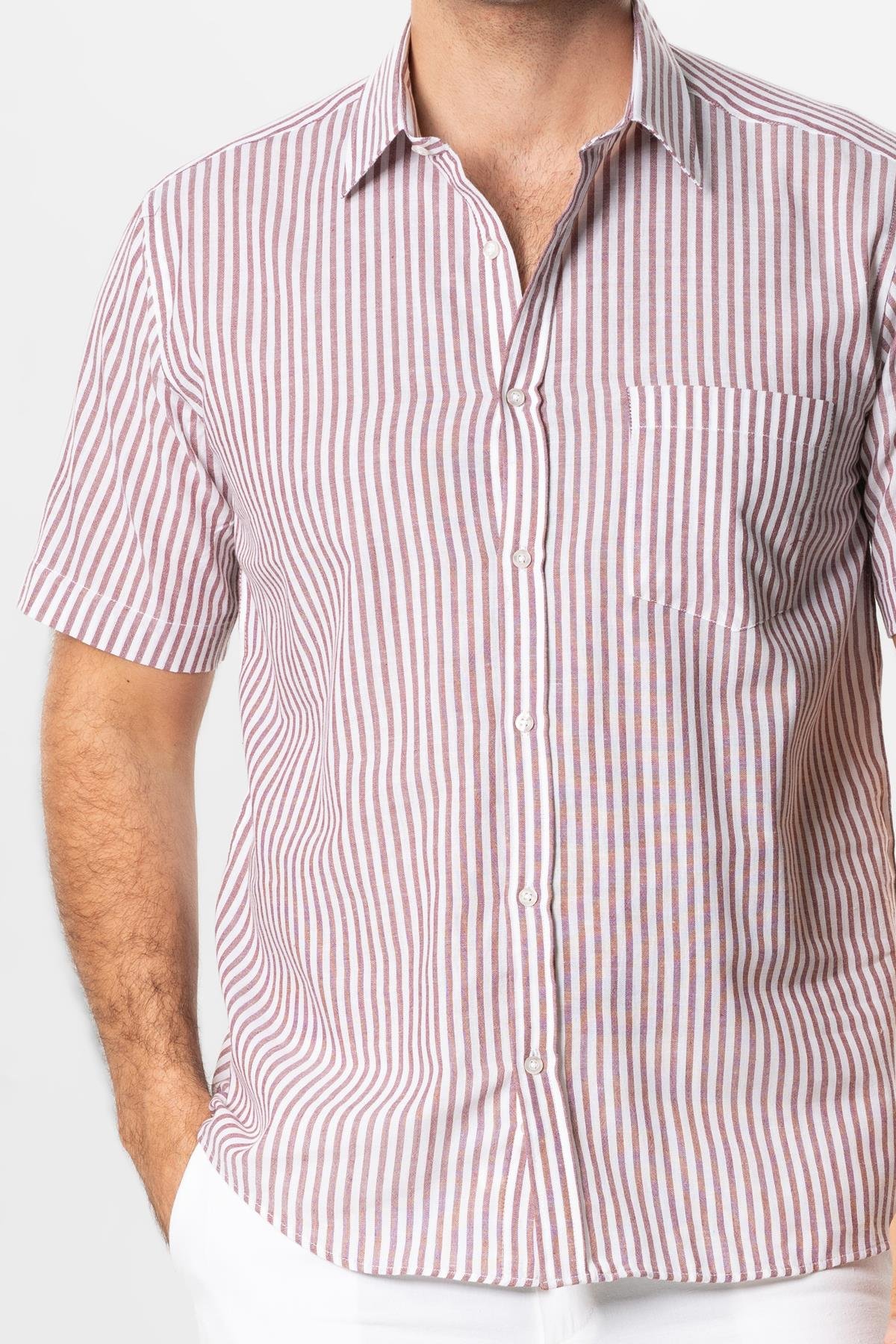 Kısa Kol Şile Bezi Tek Cepli Erkek Yazlık Gömlek Bordo Krem Çizgili 3080