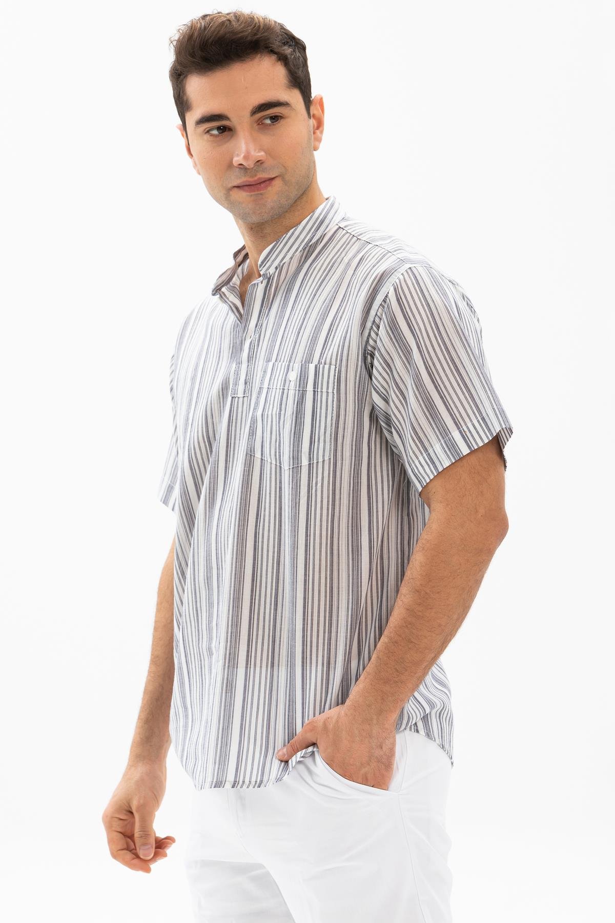 Kısa Kol Şile Bezi Tek Cepli Hakim Yaka Erkek Tshirt Füme Beyaz Çizgili 3014