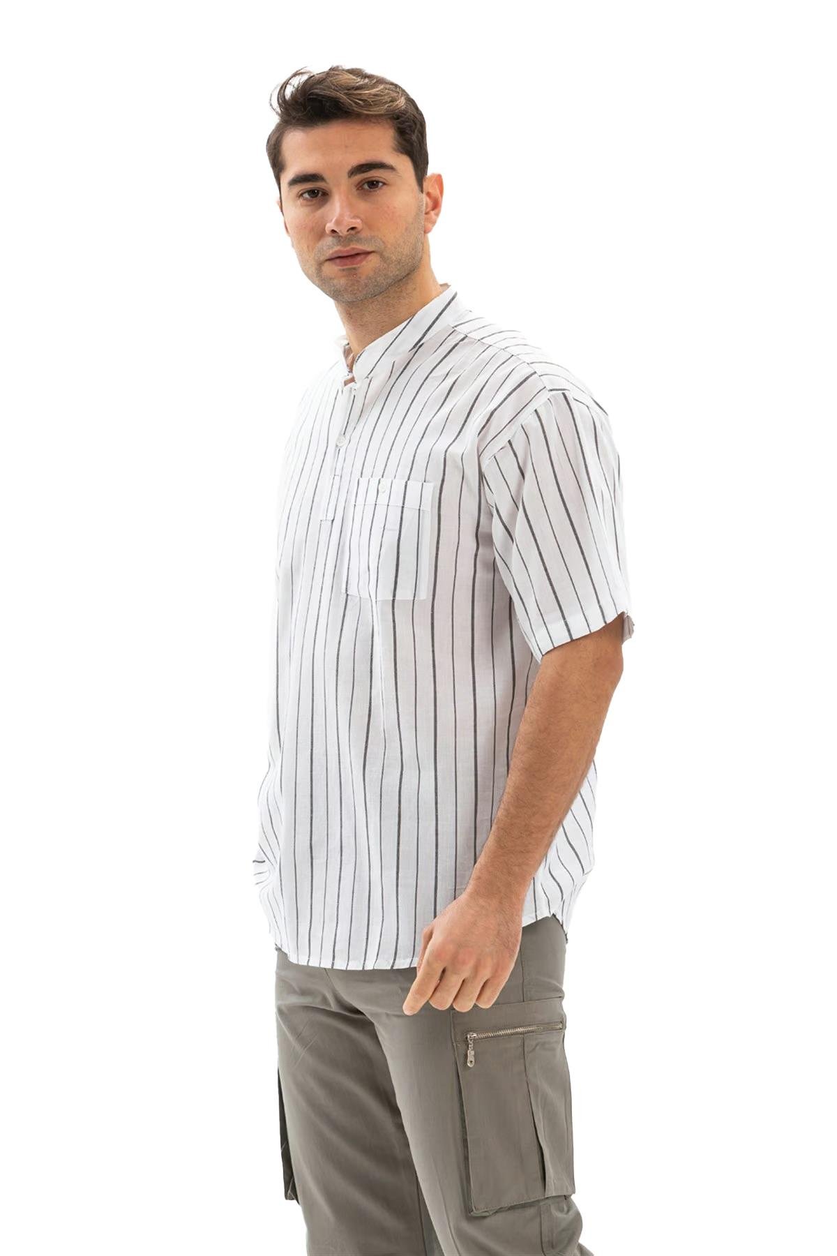 Kısa Kol Şile Bezi Tek Cepli Hakim Yaka Erkek Tshirt Beyaz Siyah Çizgili 3006