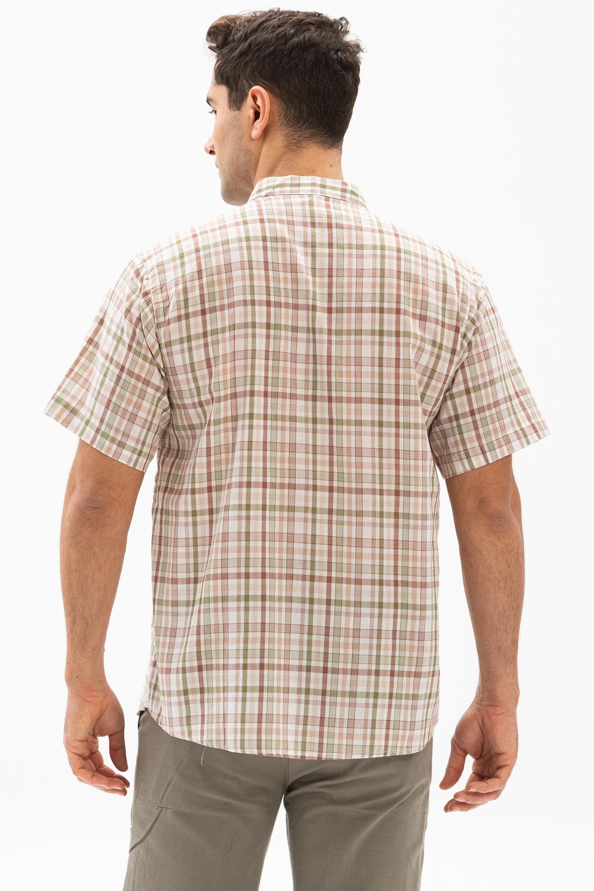 Kısa Kol Şile Bezi Tek Cepli Hakim Yaka Erkek Tshirt Krem Ekose krmks
