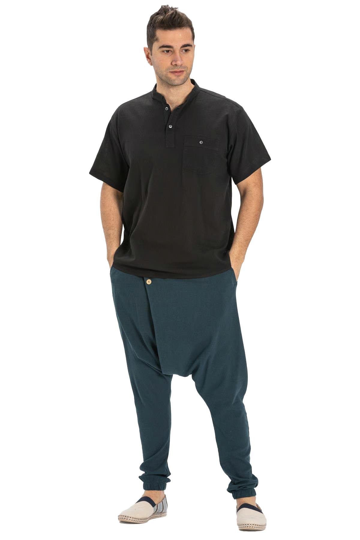 Kısa Kol Şile Bezi Tek Cepli Hakim Yaka Erkek Tshirt Siyah 3003