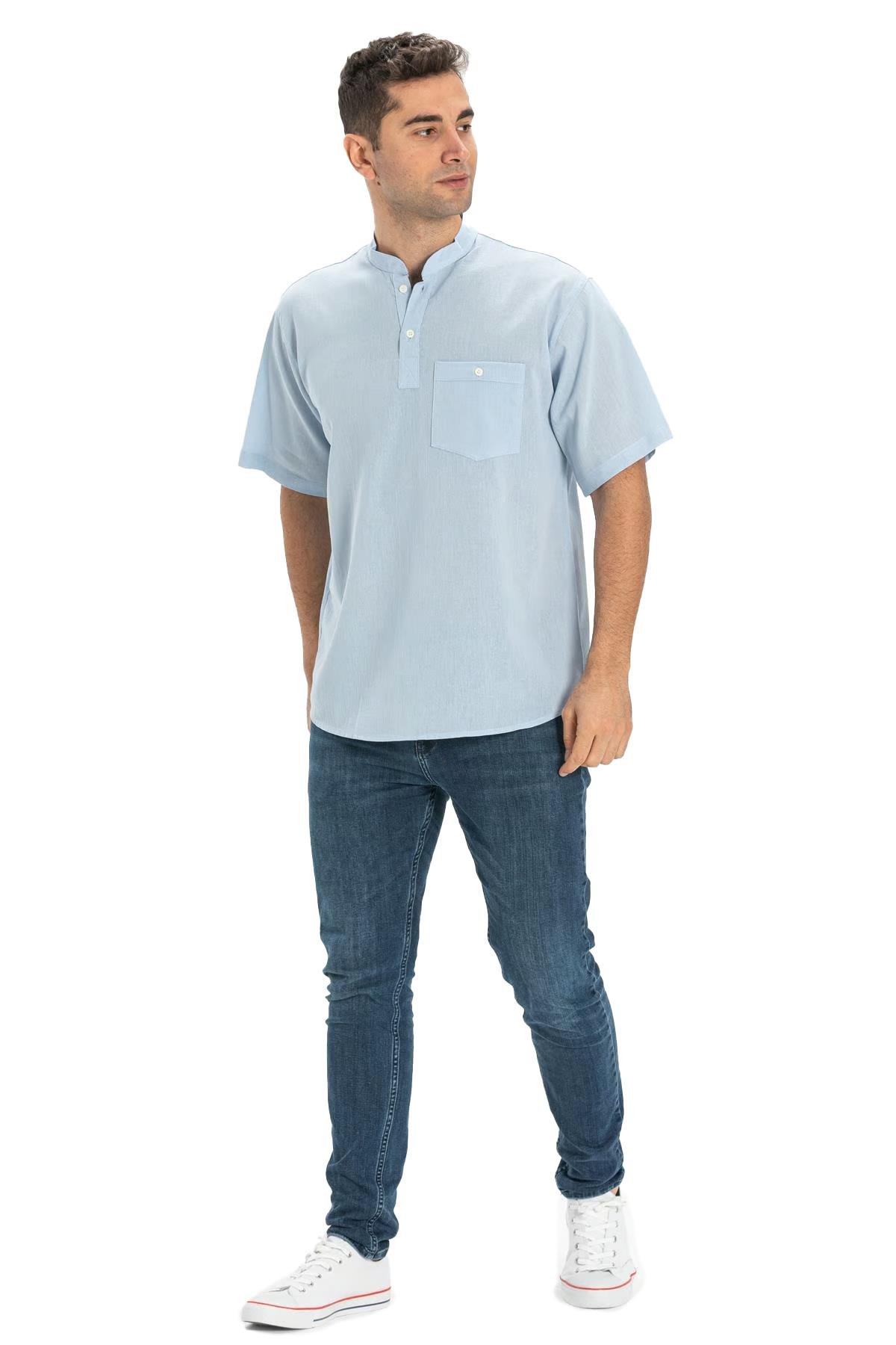 Kısa Kol Şile Bezi Tek Cepli Hakim Yaka Erkek Tshirt Buz Mavi 3027