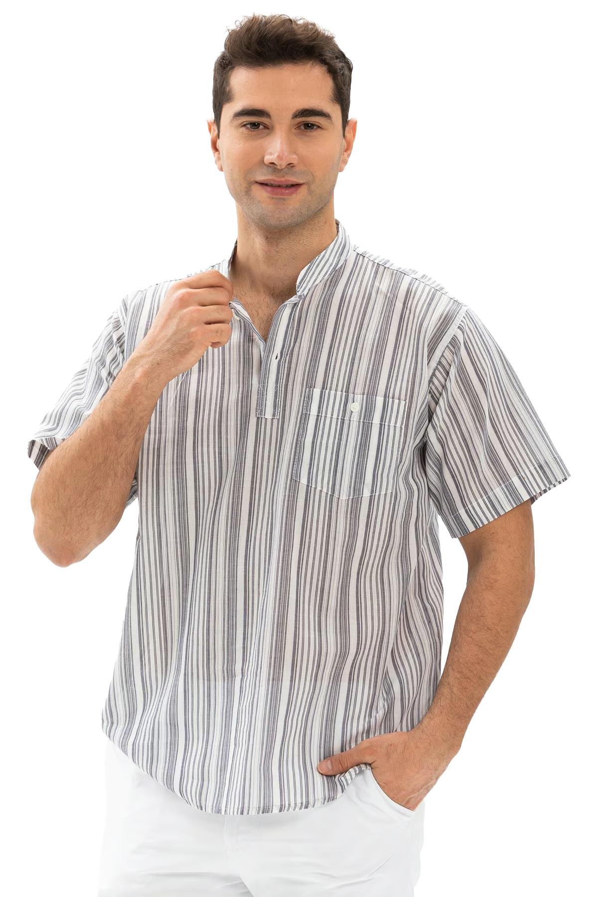 Kısa Kol Şile Bezi Tek Cepli Hakim Yaka Erkek Tshirt Füme Beyaz Çizgili 3014