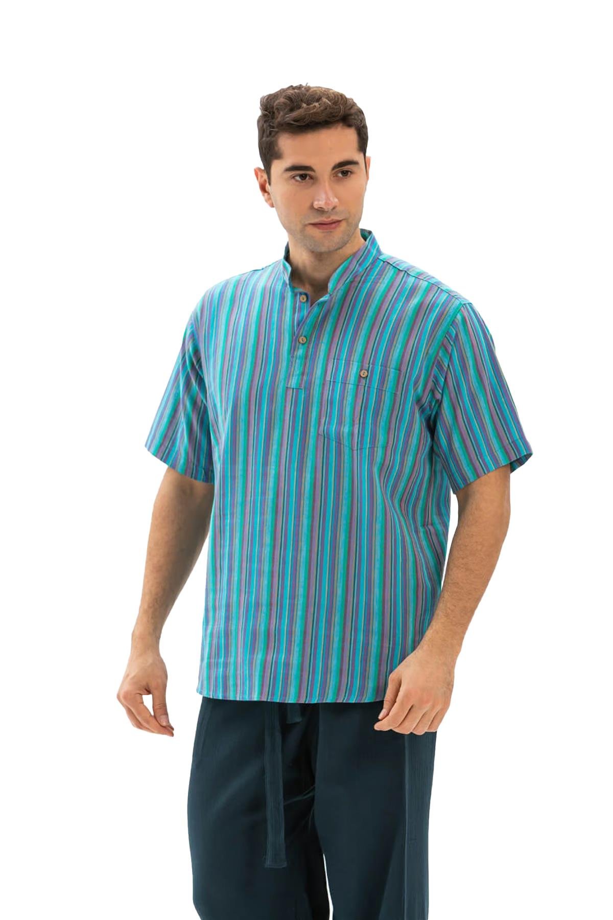 Kısa Kol Şile Bezi Tek Cepli Hakim Yaka Erkek Tshirt Turkuaz Çizgili 3071