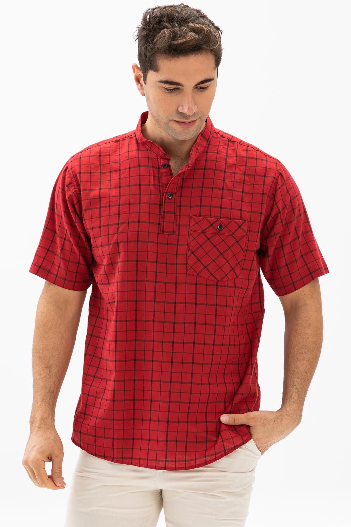 Kısa Kol Şile Bezi Tek Cepli Hakim Yaka Erkek Tshirt Kırmızı Kareli 3056