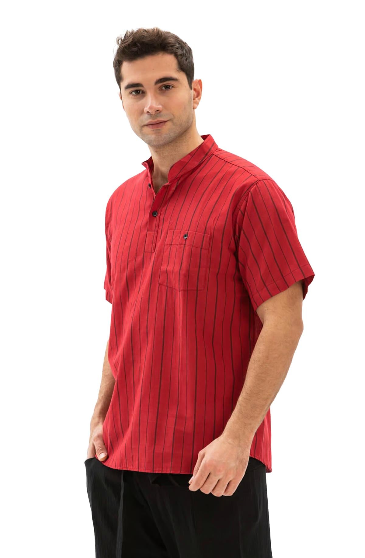 Kısa Kol Şile Bezi Tek Cepli Hakim Yaka Erkek Tshirt Kırmızı Siyah Çizgili 3005
