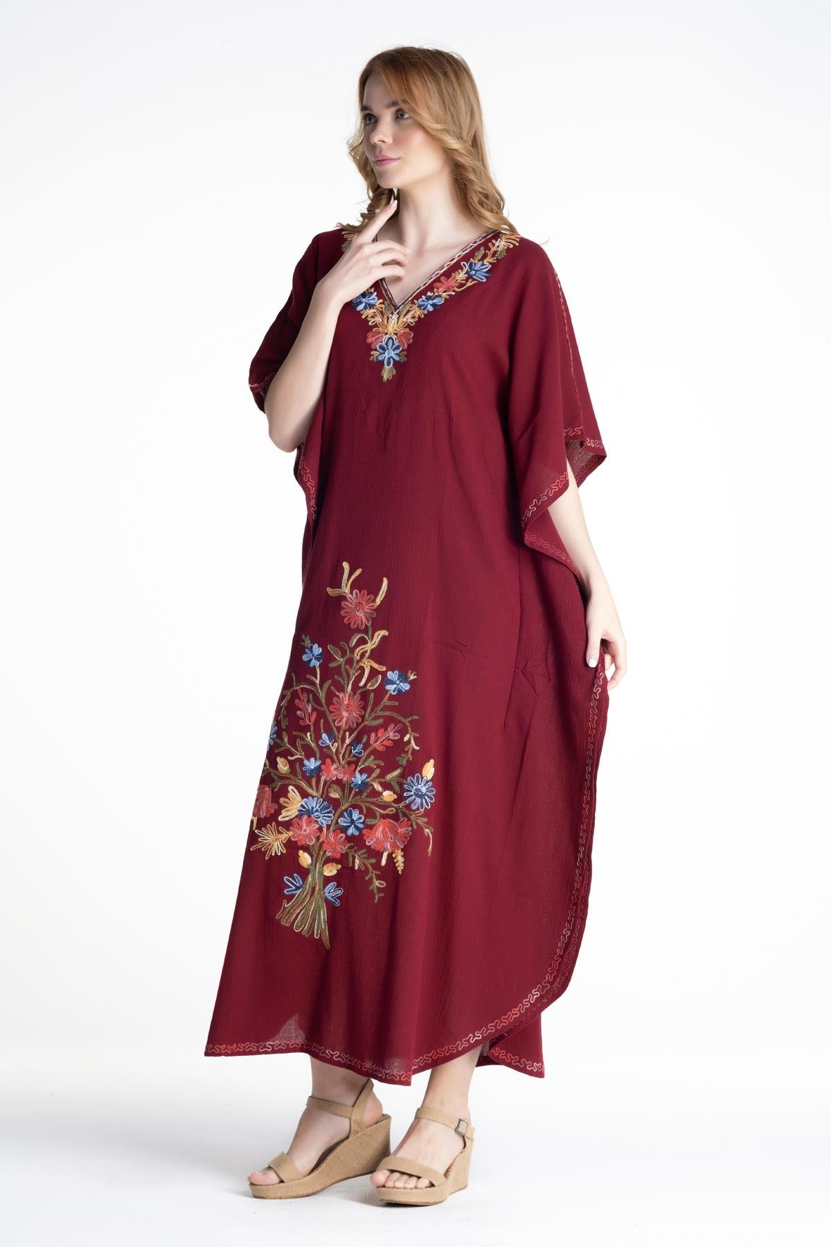 Kısa Kol Şile Bezi Tibet Uzun Elbise Bordo Brd