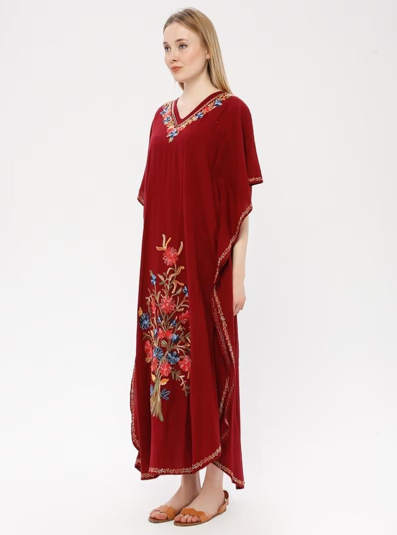 Kısa Kol Şile Bezi Tibet Uzun Elbise Bordo Brd
