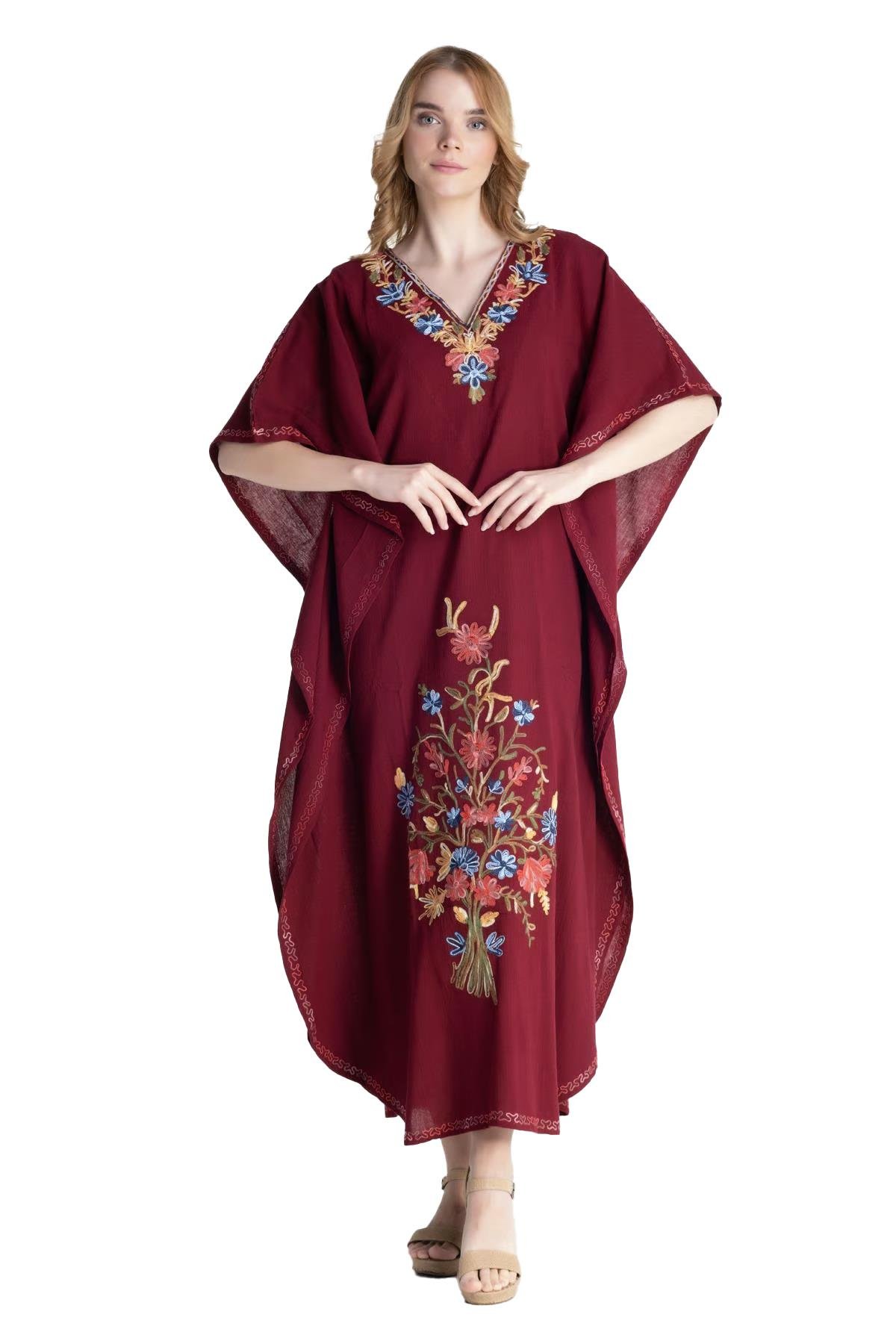 Kısa Kol Şile Bezi Tibet Uzun Elbise Bordo Brd