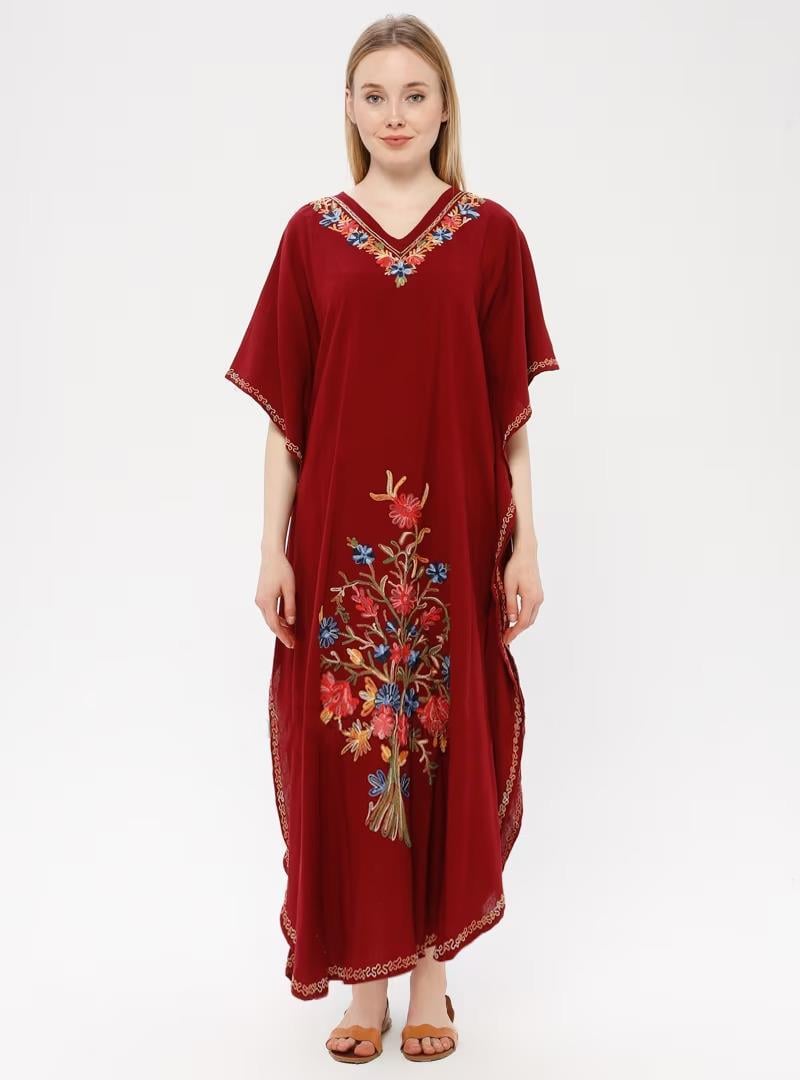 Kısa Kol Şile Bezi Tibet Uzun Elbise Bordo Brd