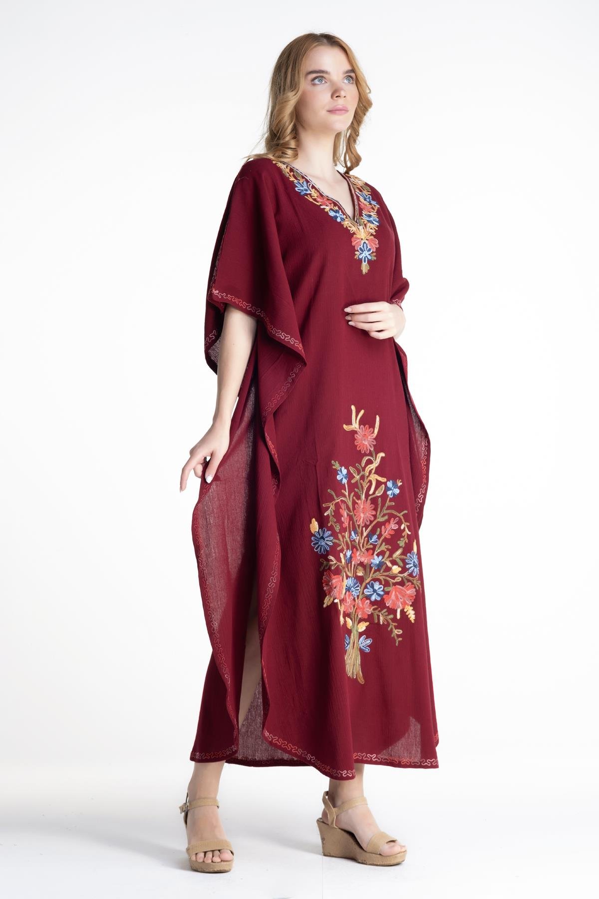 Kısa Kol Şile Bezi Tibet Uzun Elbise Bordo Brd