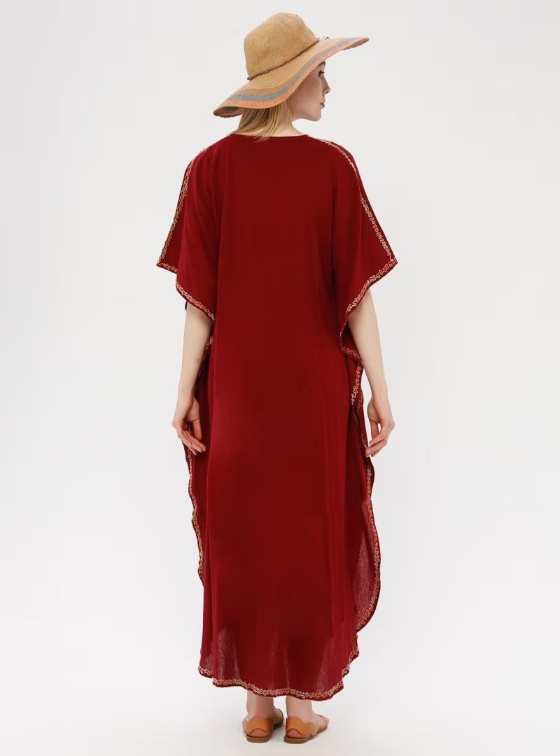 Kısa Kol Şile Bezi Tibet Uzun Elbise Bordo Brd