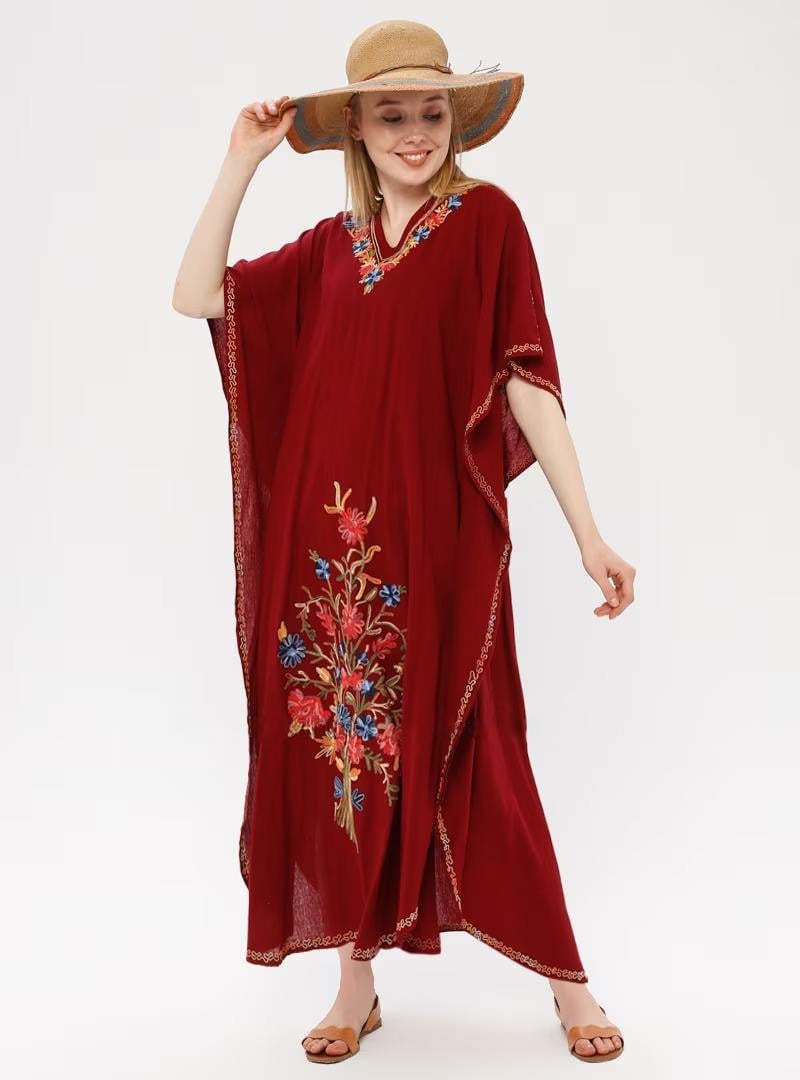 Kısa Kol Şile Bezi Tibet Uzun Elbise Bordo Brd