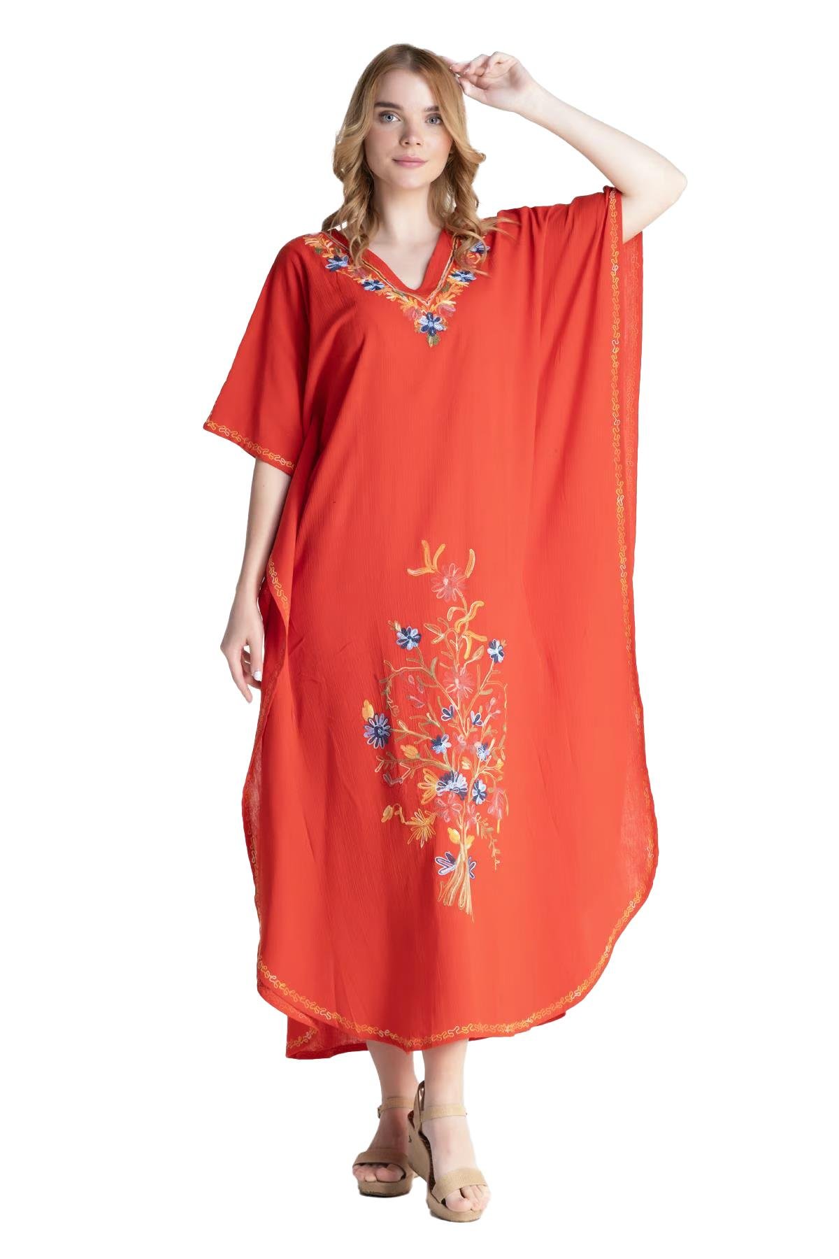 Kısa Kol Şile Bezi Tibet Uzun Elbise Kırmızı Krmz