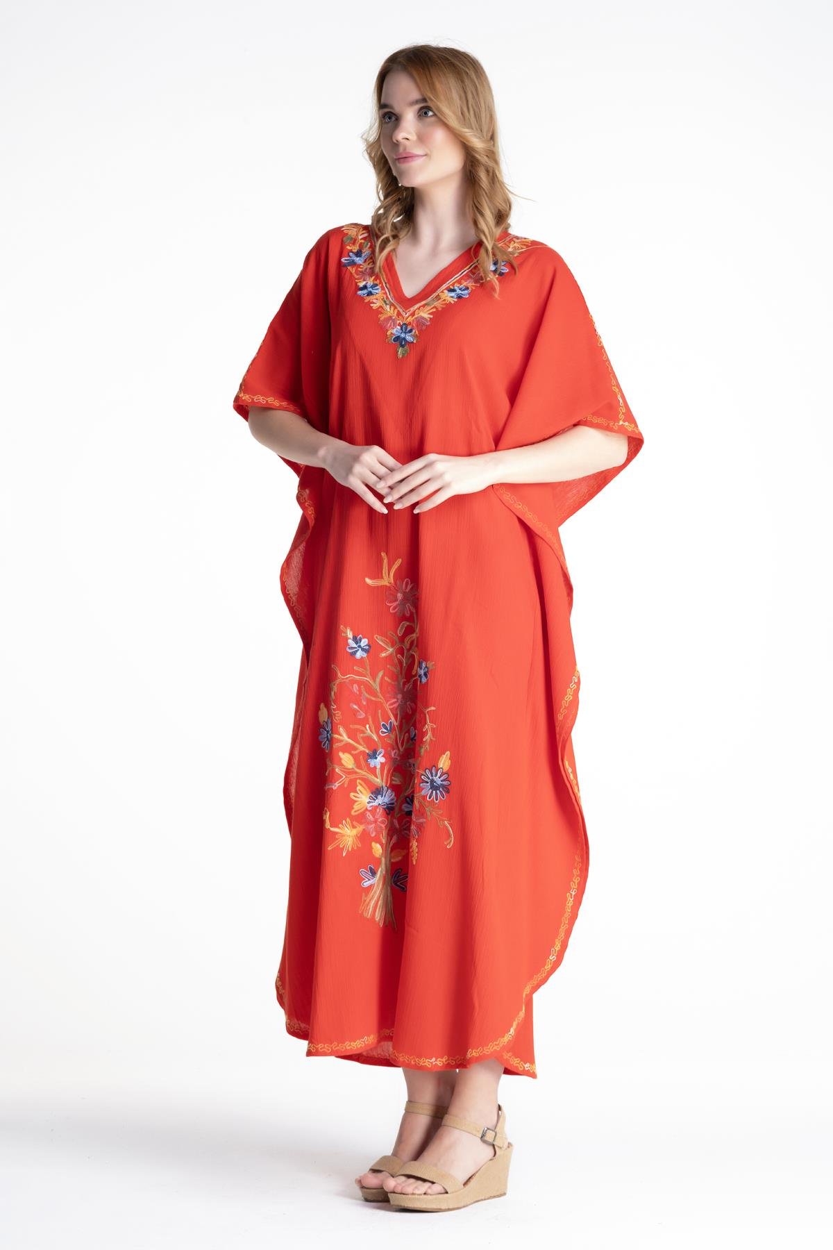 Kısa Kol Şile Bezi Tibet Uzun Elbise Kırmızı Krmz