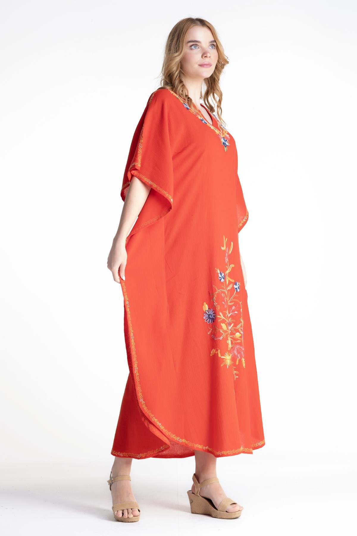 Kısa Kol Şile Bezi Tibet Uzun Elbise Kırmızı Krmz