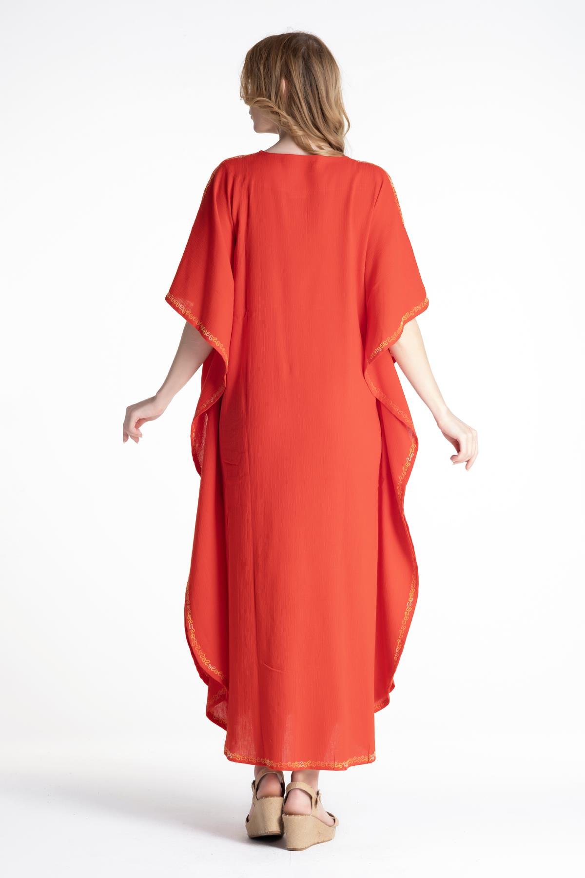 Kısa Kol Şile Bezi Tibet Uzun Elbise Kırmızı Krmz