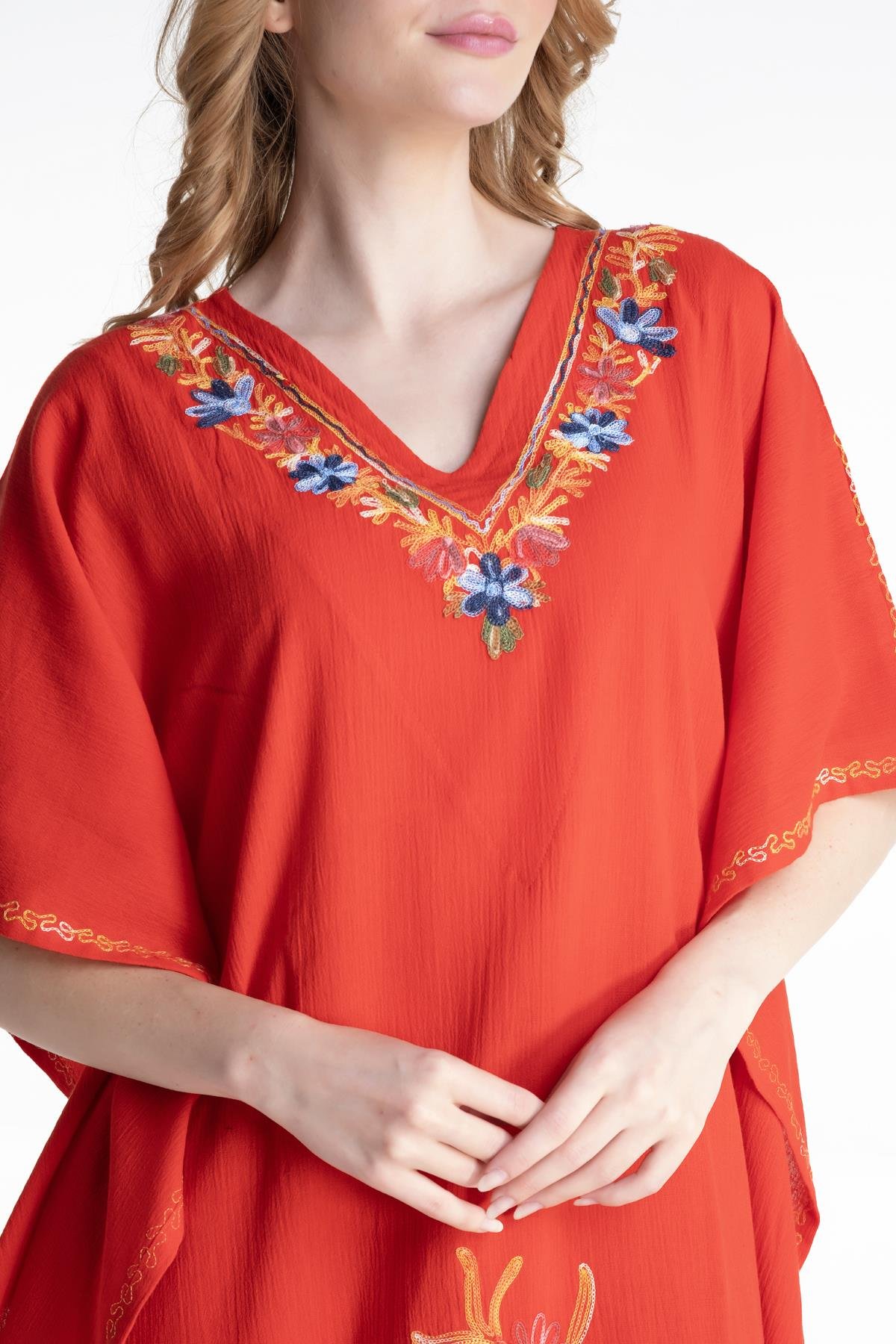 Kısa Kol Şile Bezi Tibet Uzun Elbise Kırmızı Krmz