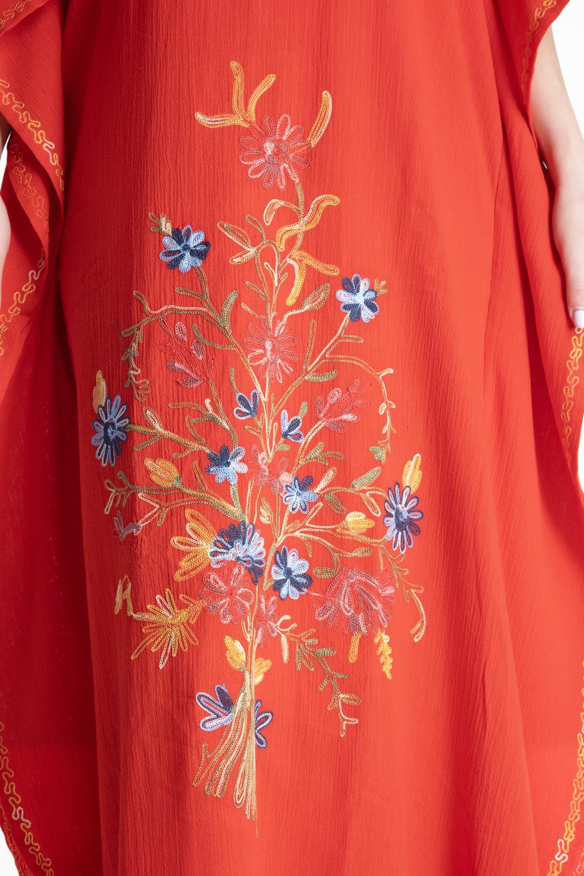 Kısa Kol Şile Bezi Tibet Uzun Elbise Kırmızı Krmz