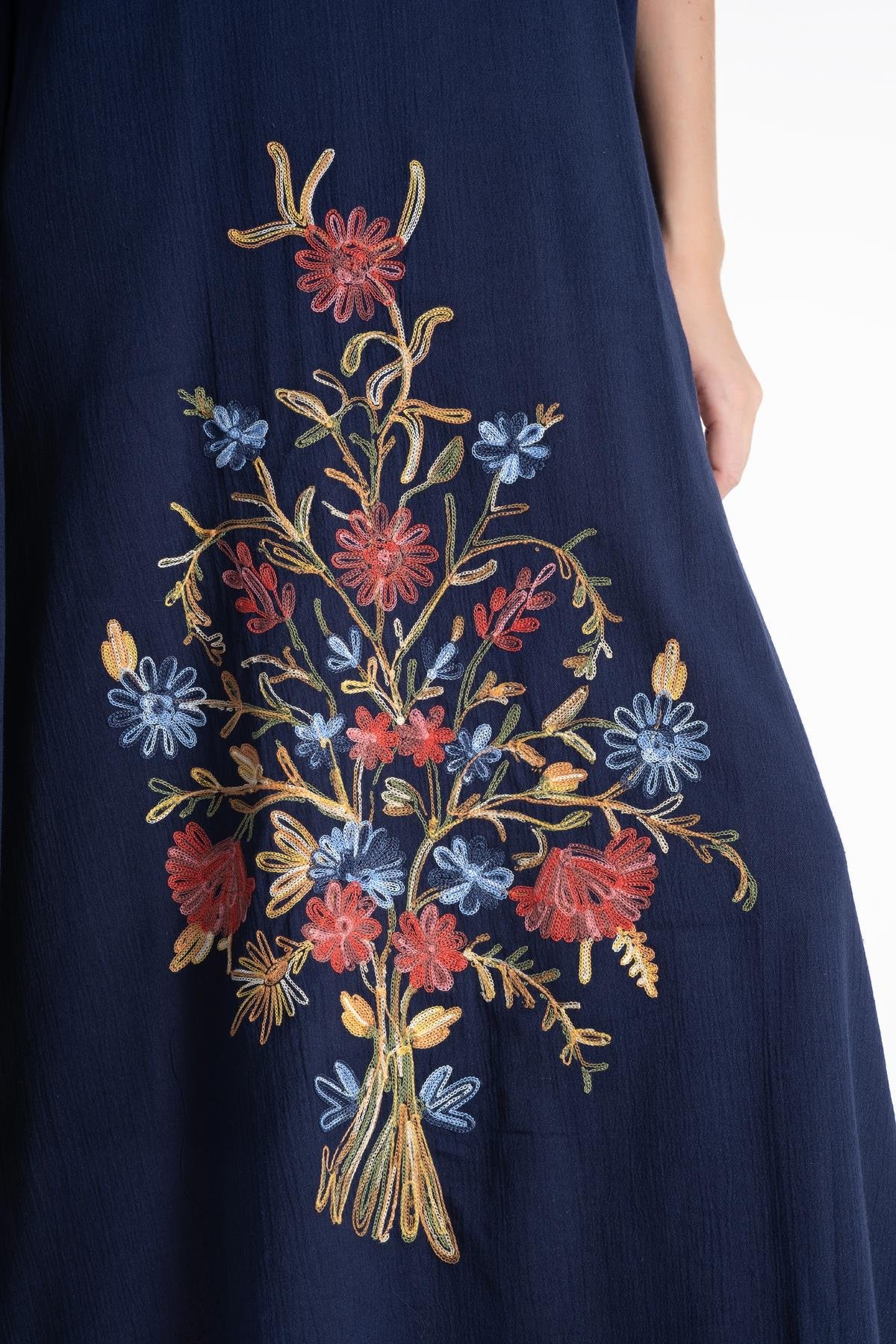 Kısa Kol Şile Bezi Tibet Uzun Elbise Lacivert Lcvt