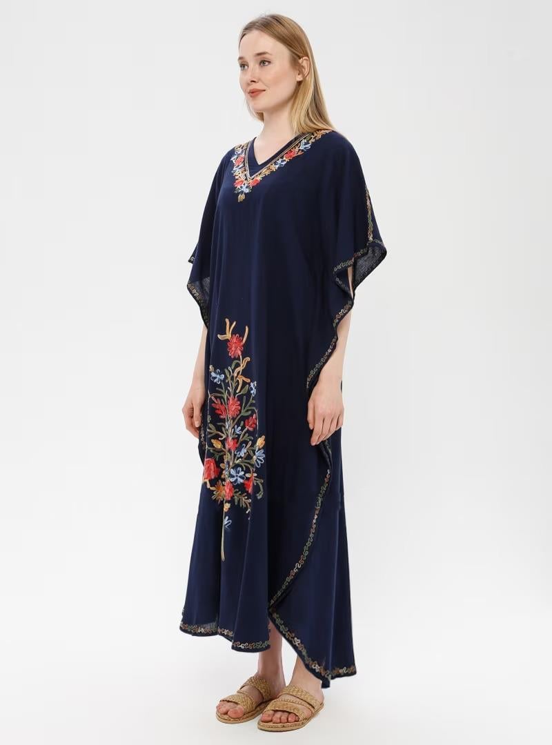 Kısa Kol Şile Bezi Tibet Uzun Elbise Lacivert Lcvt