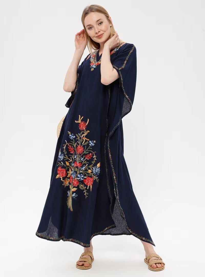 Kısa Kol Şile Bezi Tibet Uzun Elbise Lacivert Lcvt