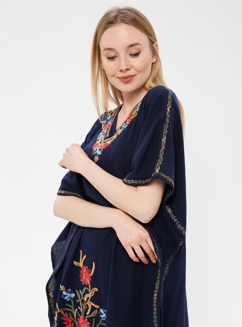 Kısa Kol Şile Bezi Tibet Uzun Elbise Lacivert Lcvt