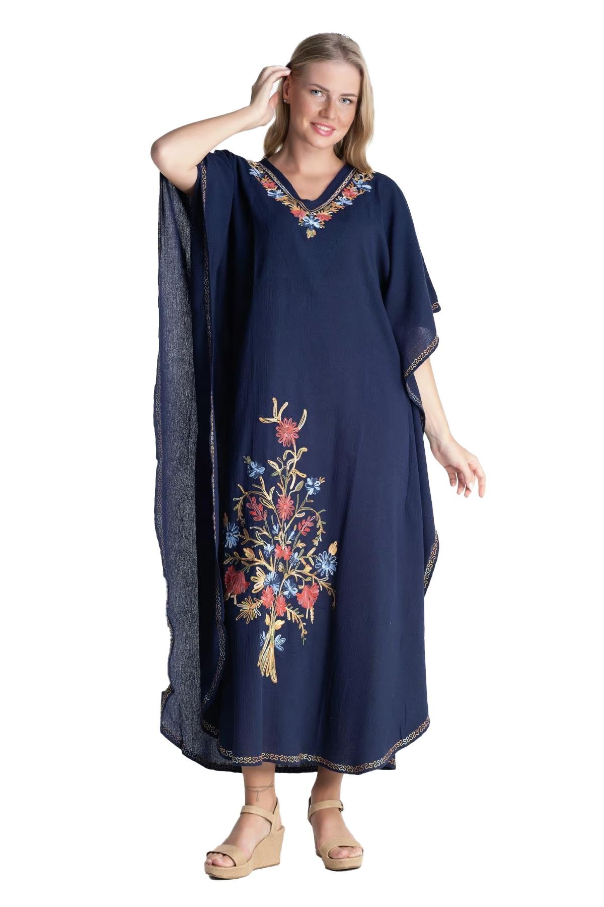 Kısa Kol Şile Bezi Tibet Uzun Elbise Lacivert Lcvt