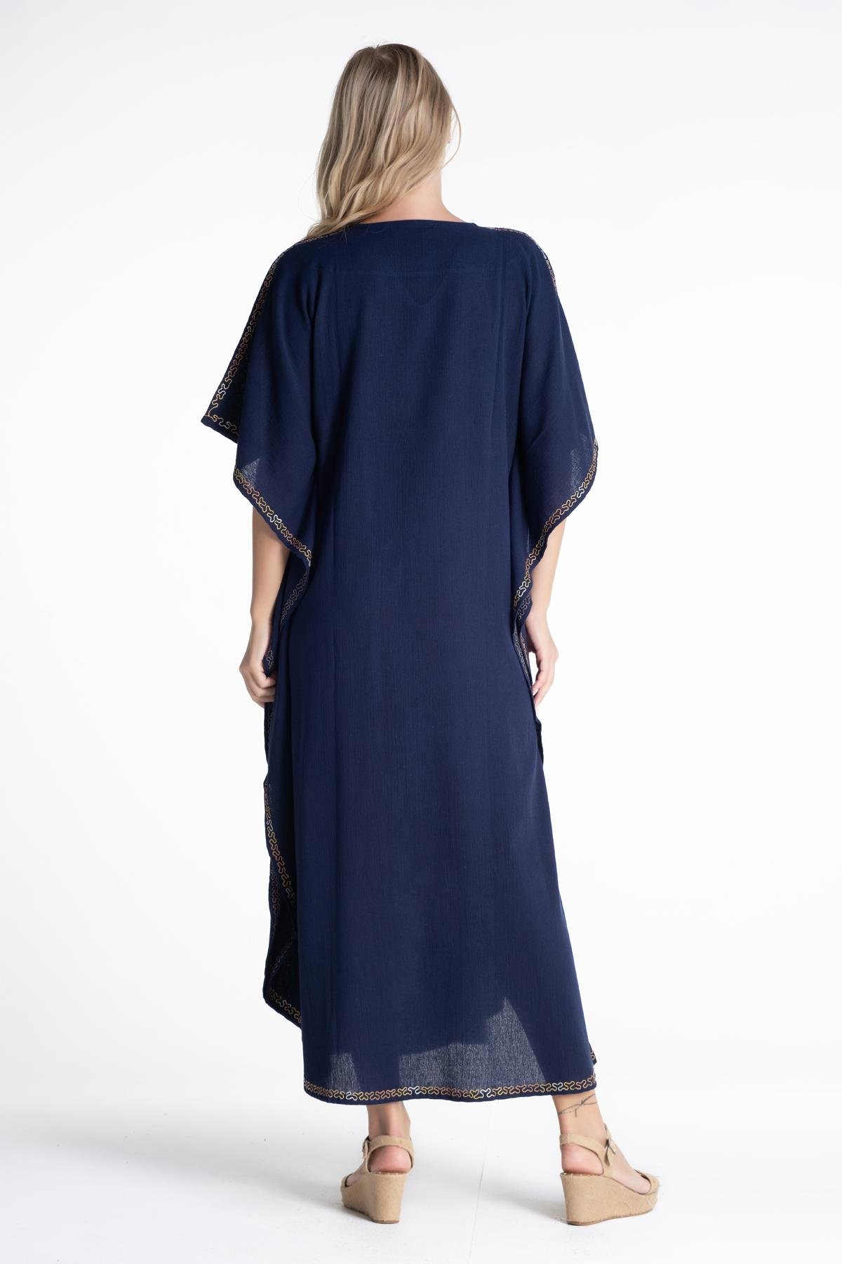 Kısa Kol Şile Bezi Tibet Uzun Elbise Lacivert Lcvt