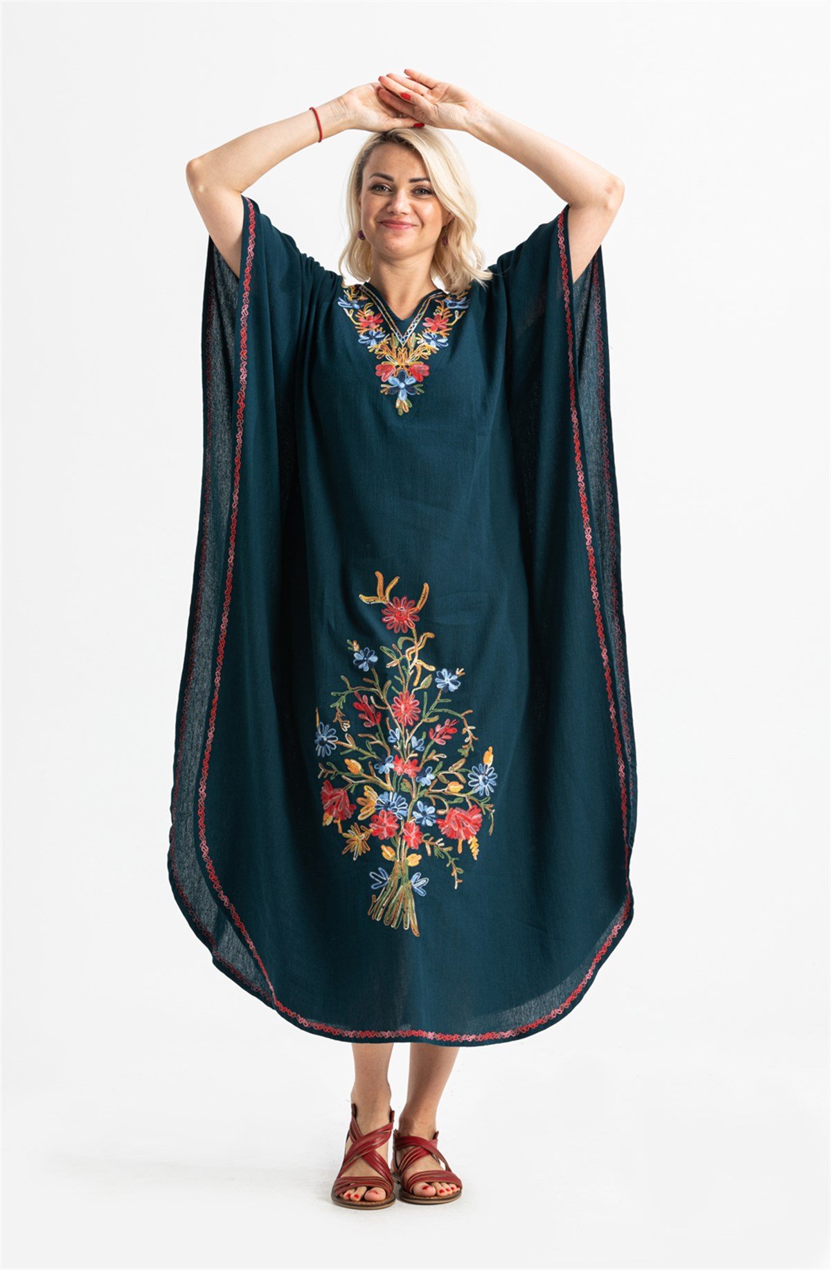 Kısa Kol Şile Bezi Tibet Uzun Elbise Petrol Ptrl