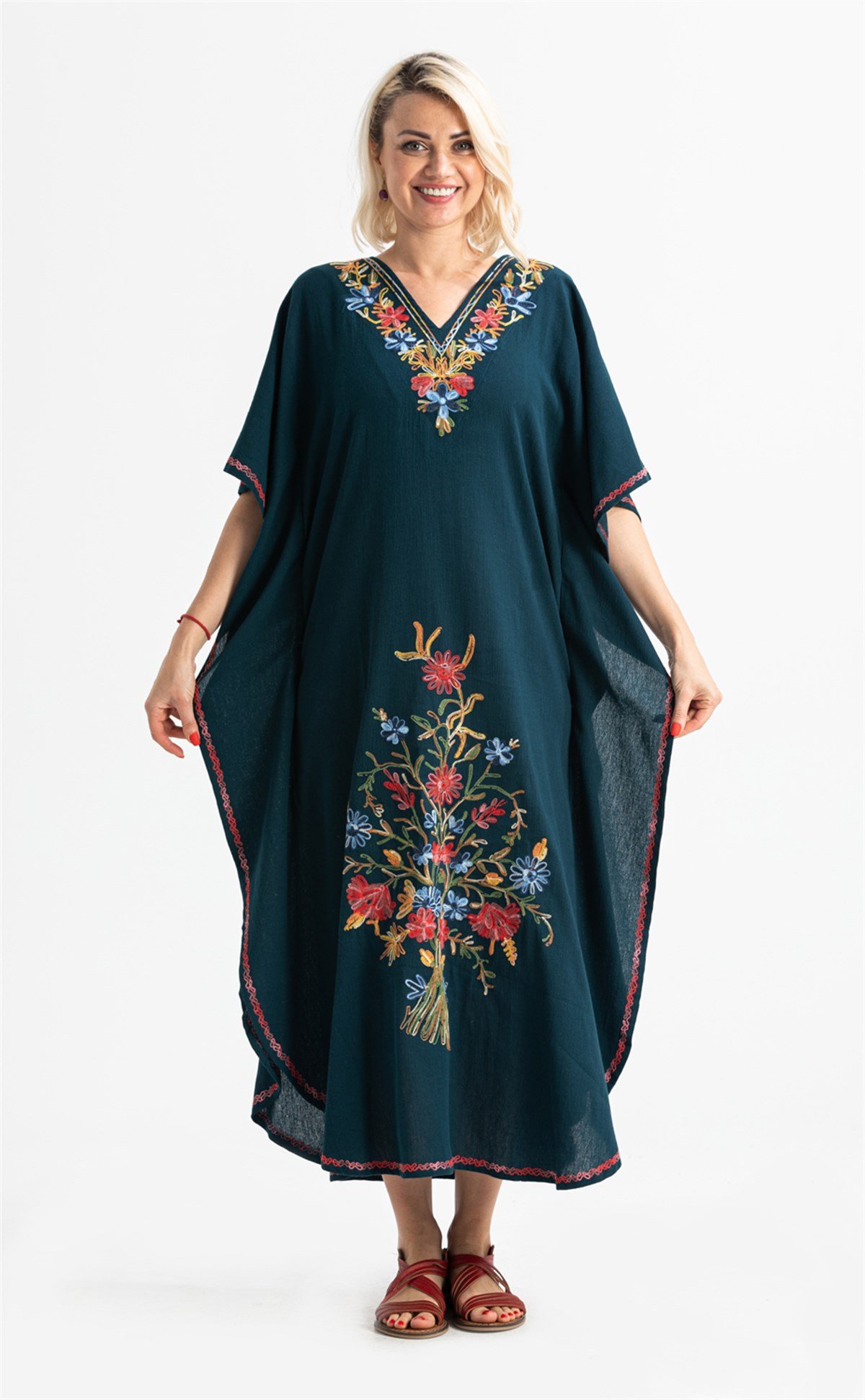 Kısa Kol Şile Bezi Tibet Uzun Elbise Petrol Ptrl