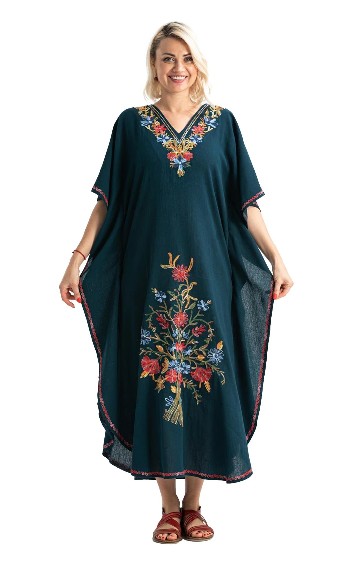 Kısa Kol Şile Bezi Tibet Uzun Elbise Petrol Ptrl