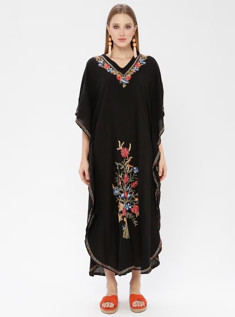 Kısa Kol Şile Bezi Tibet Uzun Elbise Siyah Syh