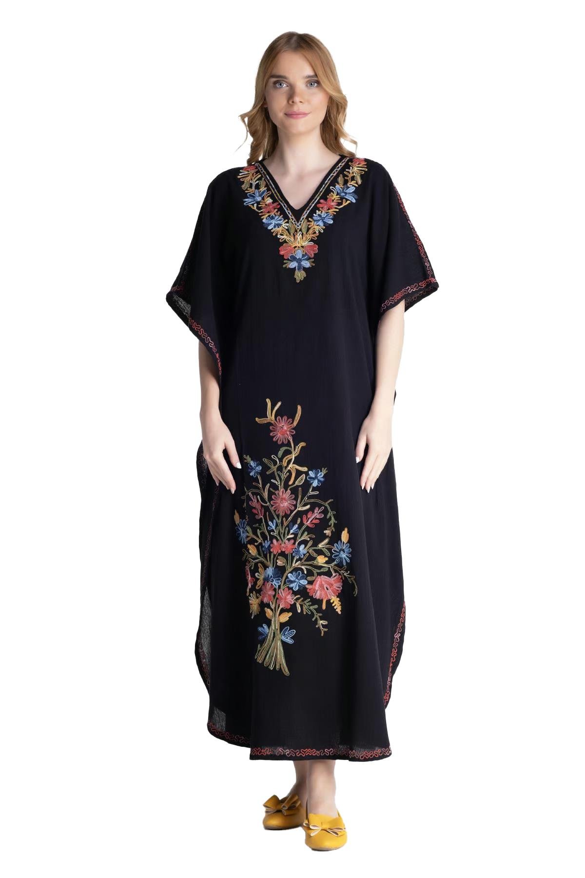 Kısa Kol Şile Bezi Tibet Uzun Elbise Siyah Syh