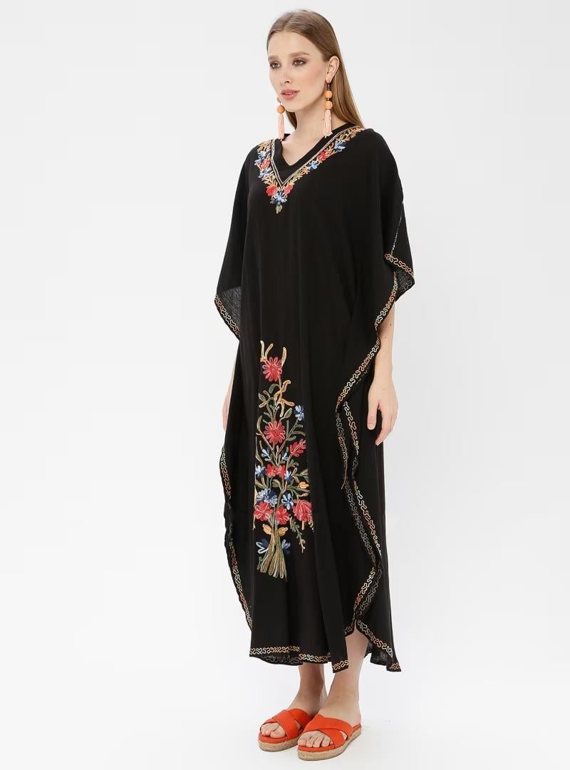 Kısa Kol Şile Bezi Tibet Uzun Elbise Siyah Syh