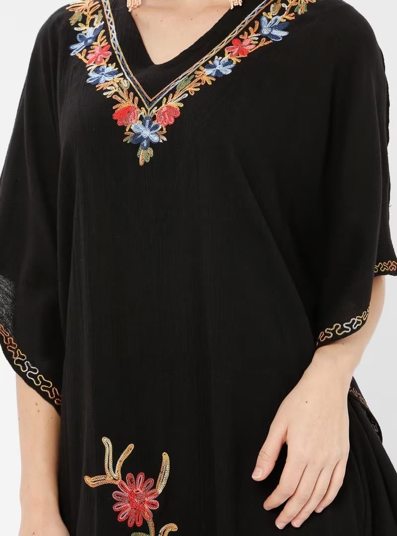 Kısa Kol Şile Bezi Tibet Uzun Elbise Siyah Syh