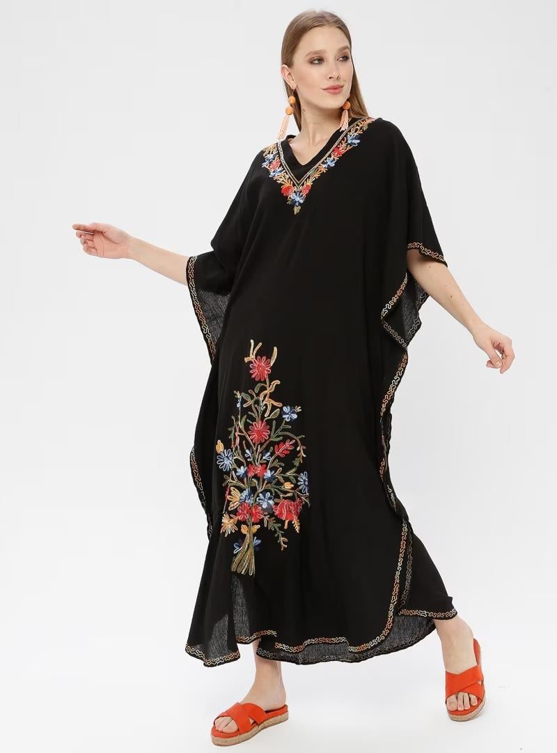 Kısa Kol Şile Bezi Tibet Uzun Elbise Siyah Syh