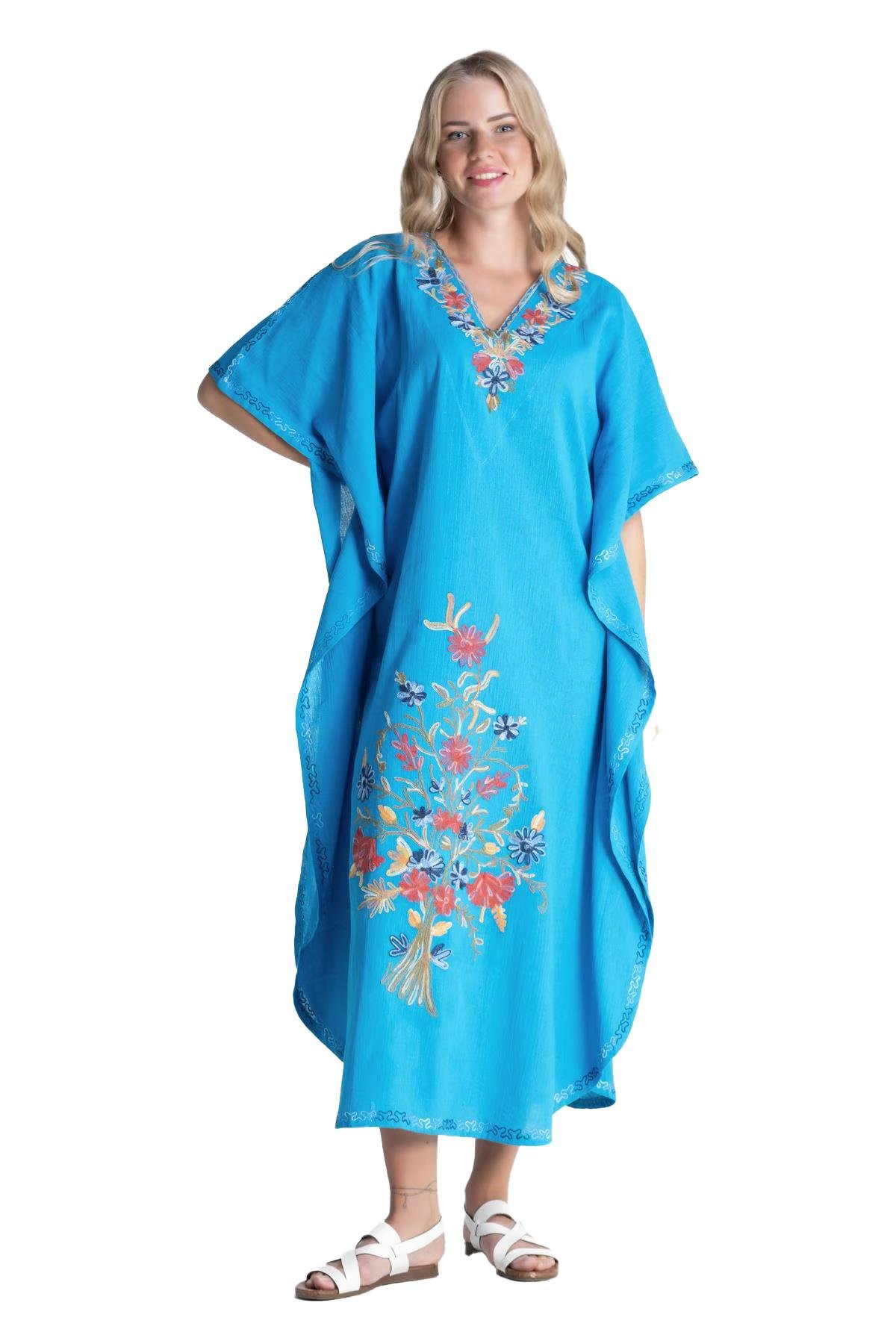 Kısa Kol Şile Bezi Tibet Uzun Elbise Turkuaz Trkz