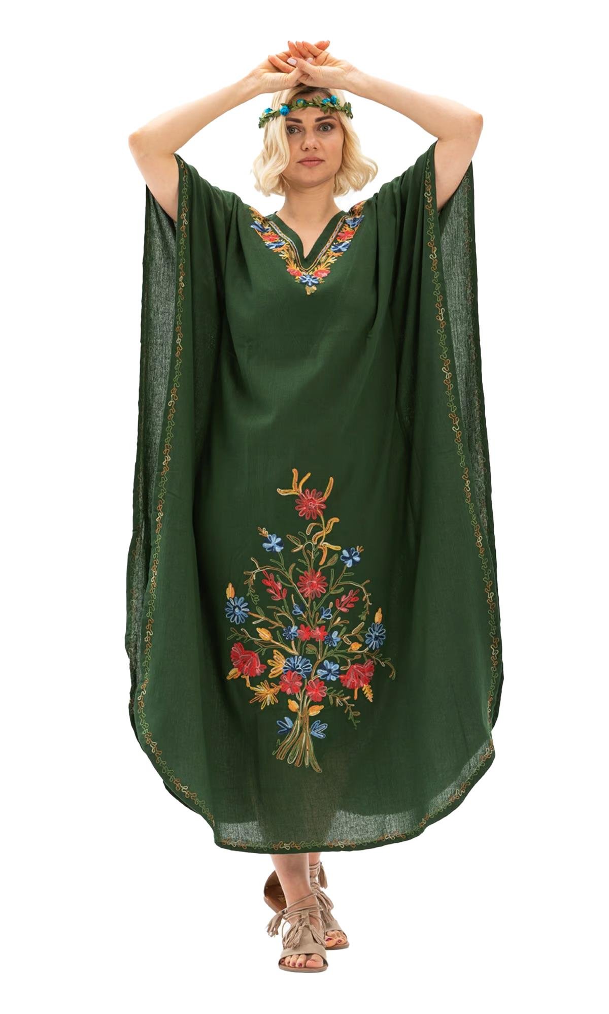 Kısa Kol Şile Bezi Tibet Uzun Elbise Yeşil Ysl