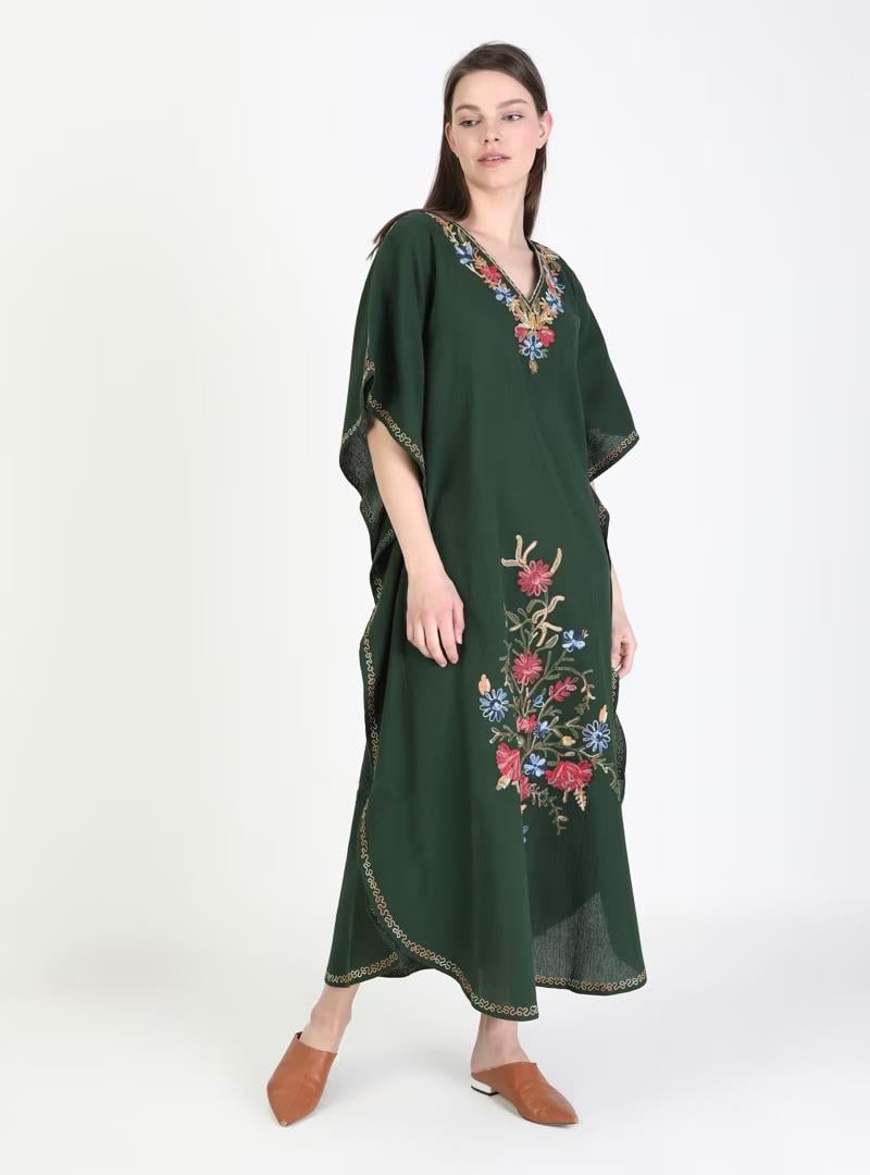 Kısa Kol Şile Bezi Tibet Uzun Elbise Yeşil Ysl