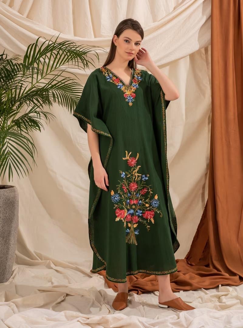 Kısa Kol Şile Bezi Tibet Uzun Elbise Yeşil Ysl