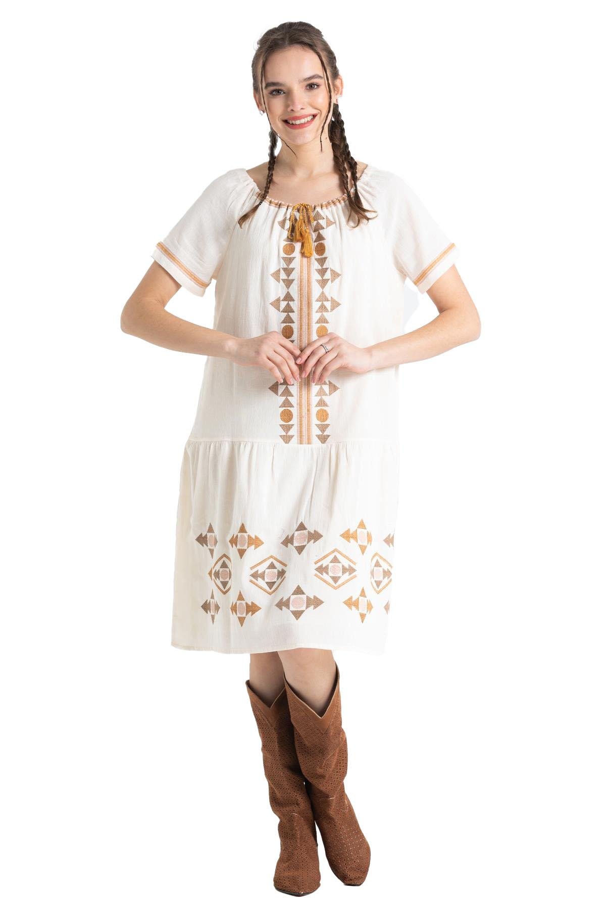 Kısa Kol Şile Bezi Yasmin Nakışlı Kısa Elbise Krem Krm