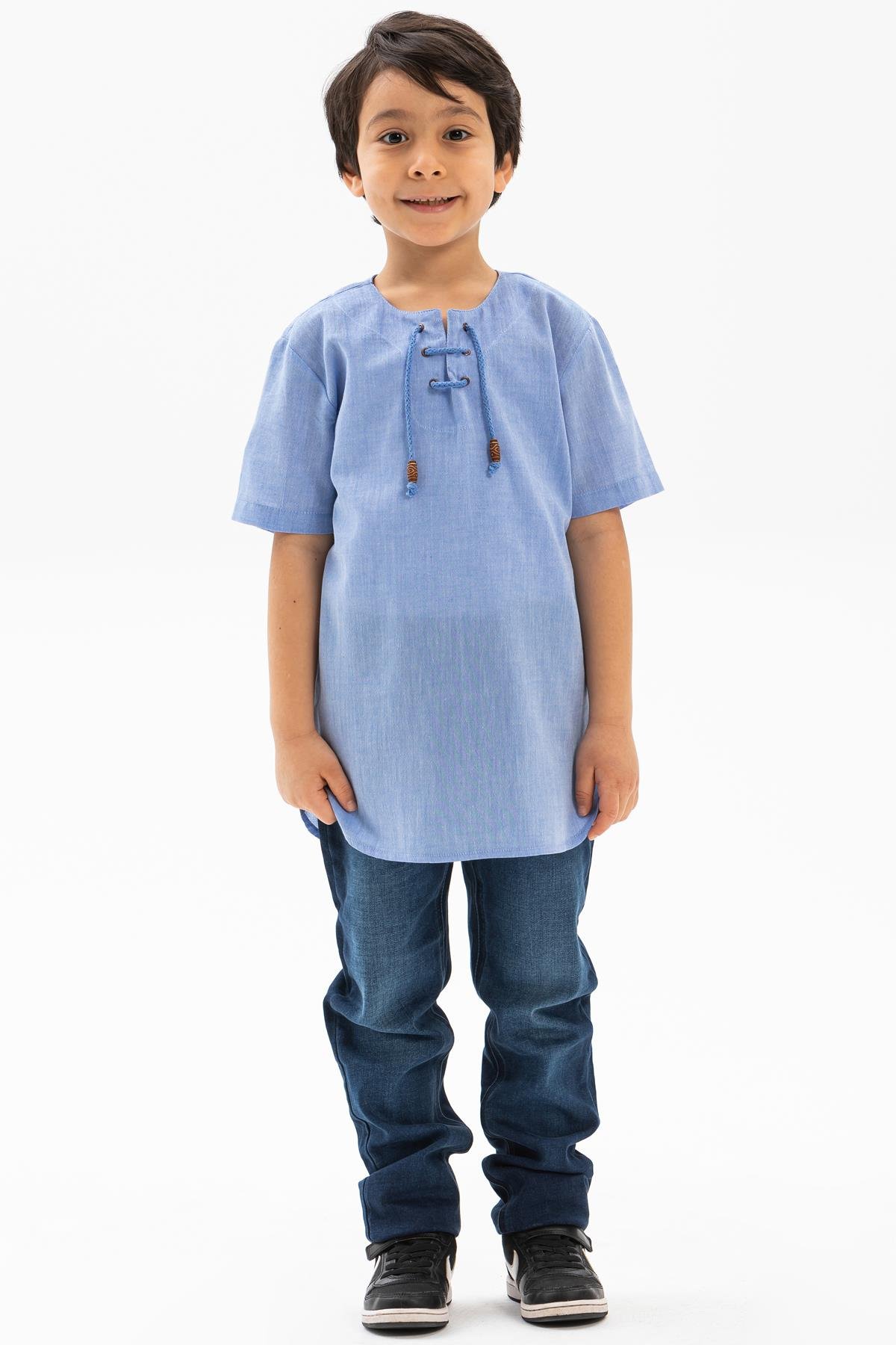 Kısa Kol Şile Bezi Zımbalı Erkek Çocuk Tshirt Mavi 3032