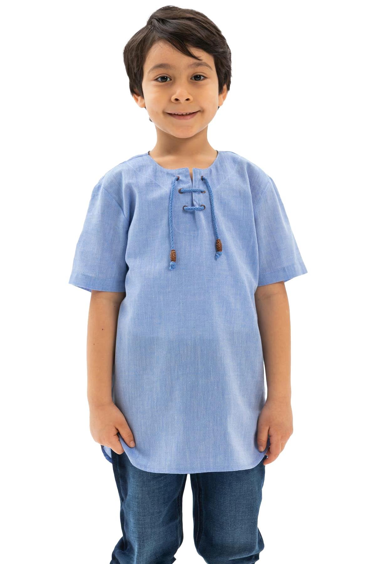Kısa Kol Şile Bezi Zımbalı Erkek Çocuk Tshirt Mavi 3032
