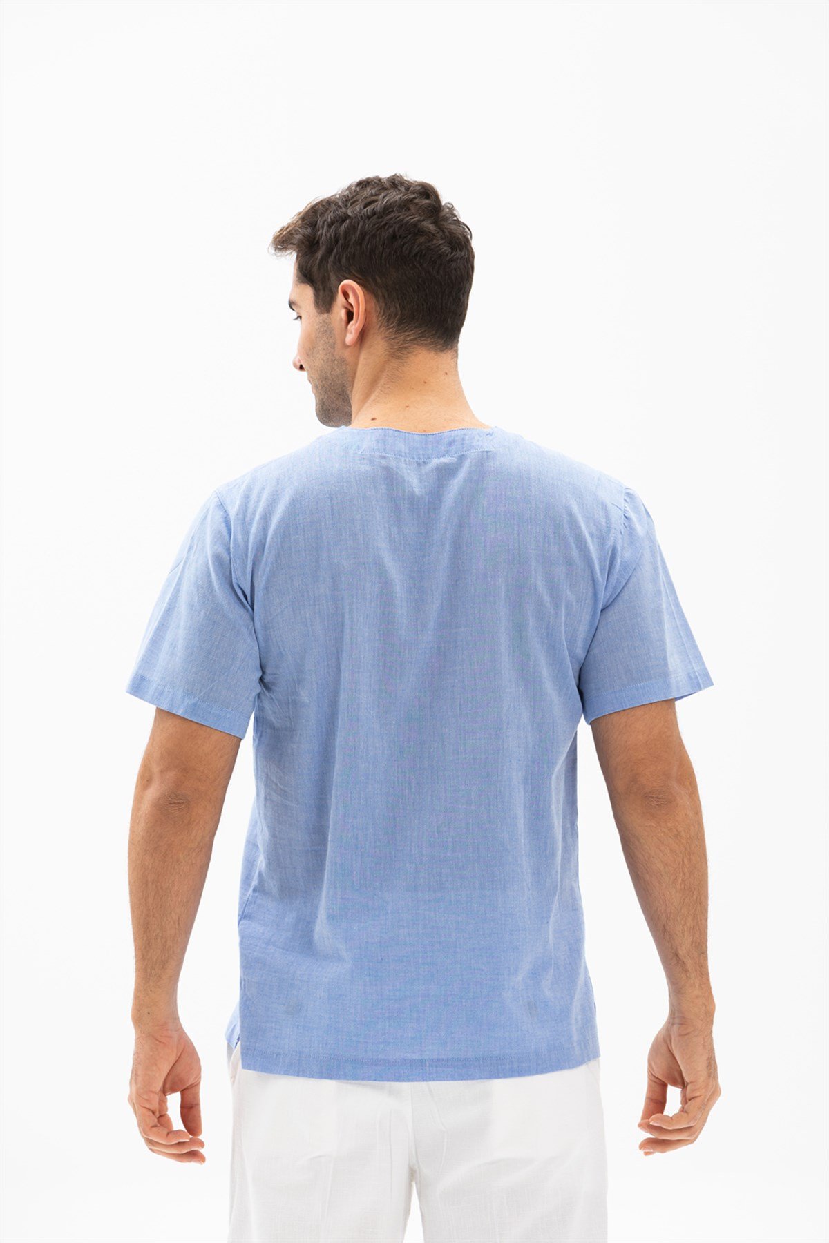 Kısa Kol Şile Bezi Zımbalı Erkek Tshirt Mavi