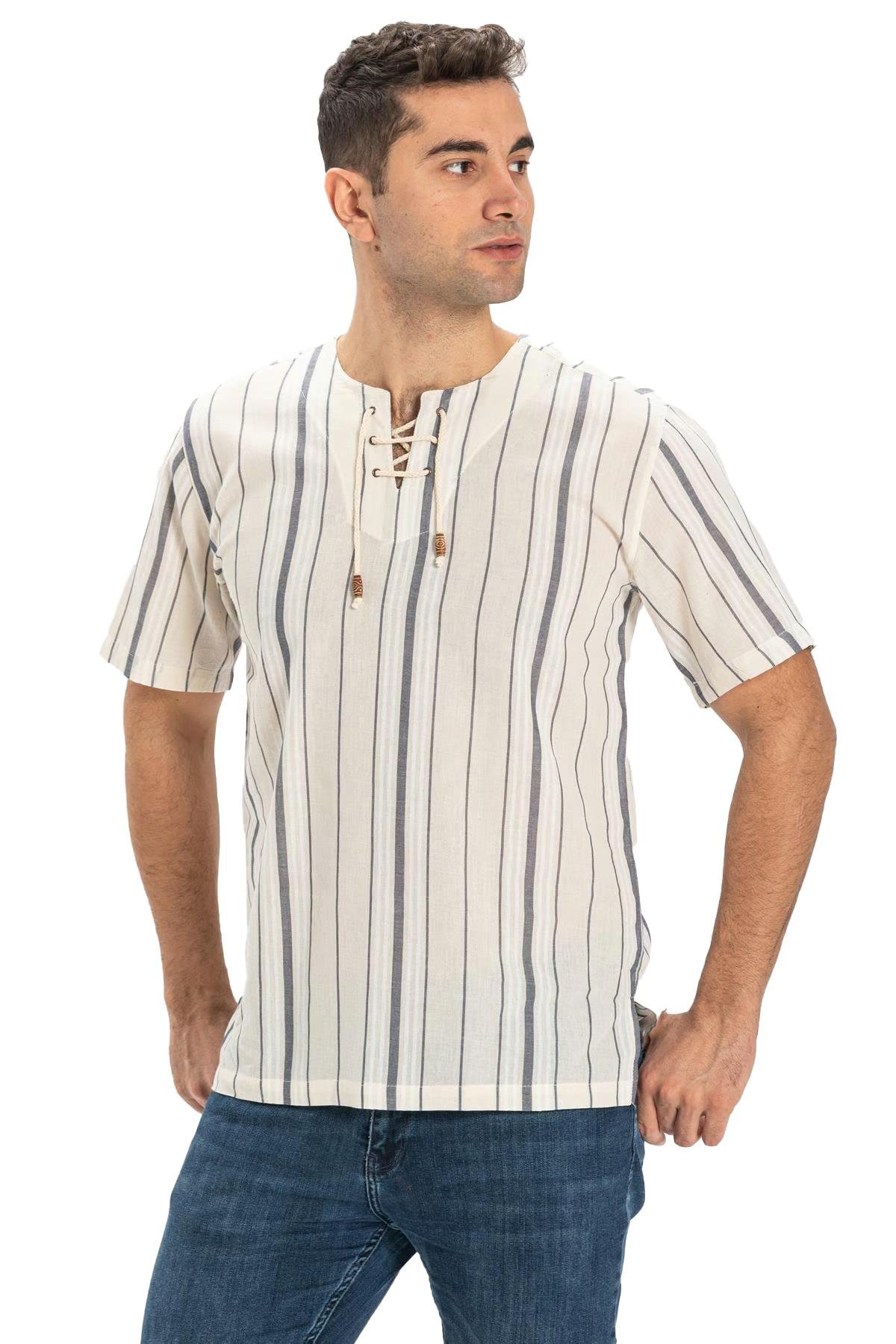 Kısa Kol Şile Bezi Zımbalı Erkek Tshirt Ekru Gri Çizgili 3028