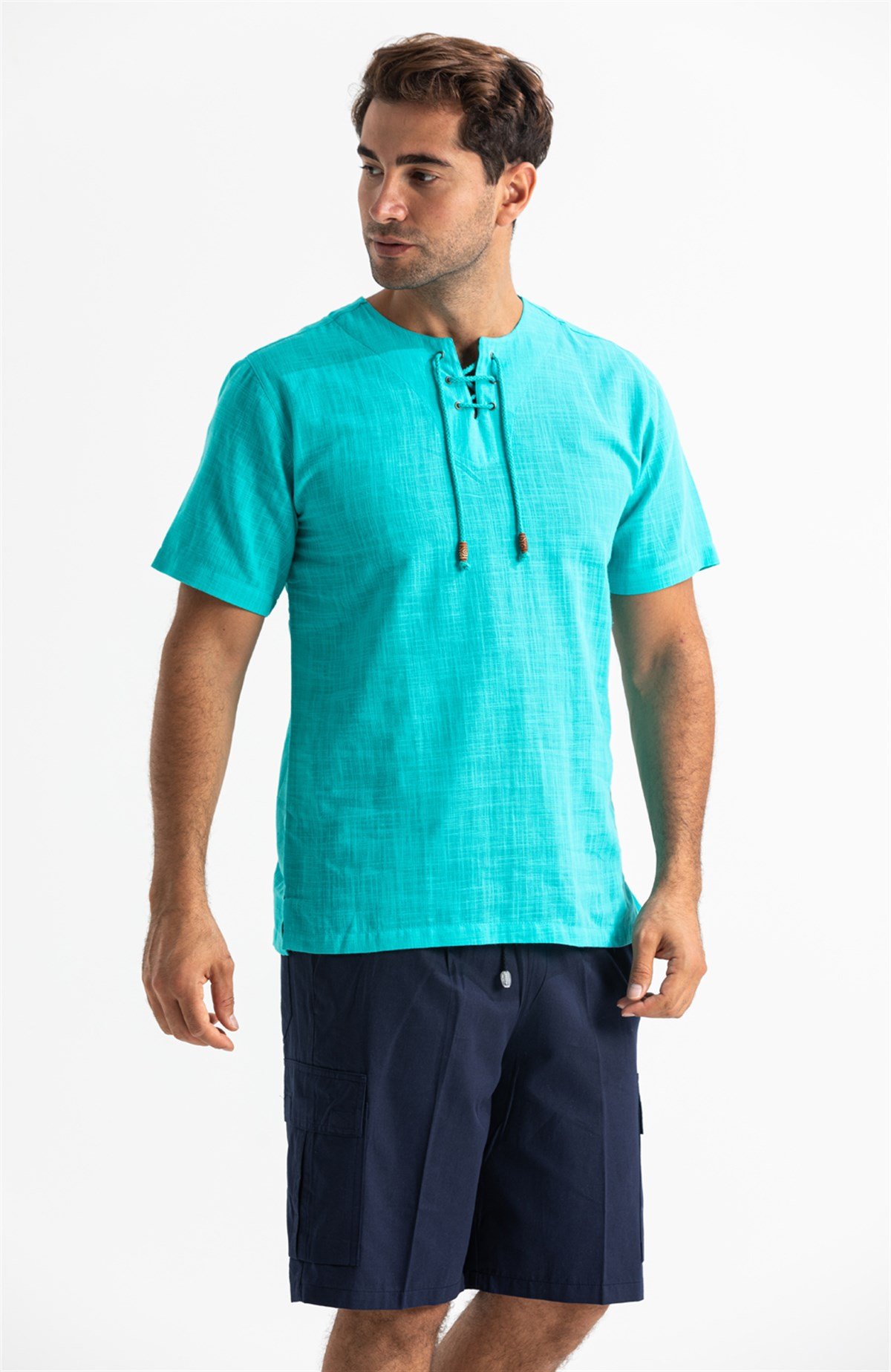 Kısa Kol Şile Bezi Zımbalı Erkek Tshirt Turkuaz 3054