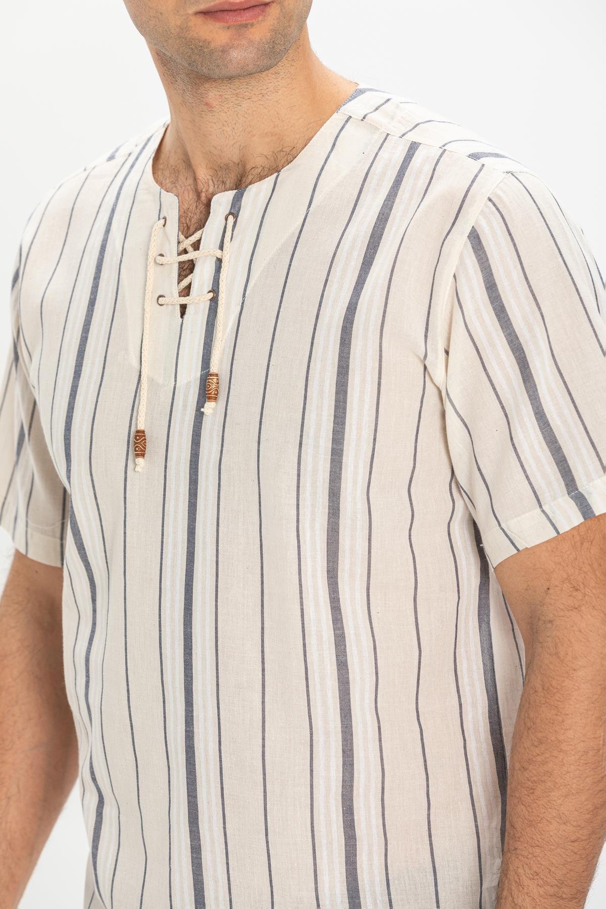 Kısa Kol Şile Bezi Zımbalı Erkek Tshirt Ekru Gri Çizgili 3028